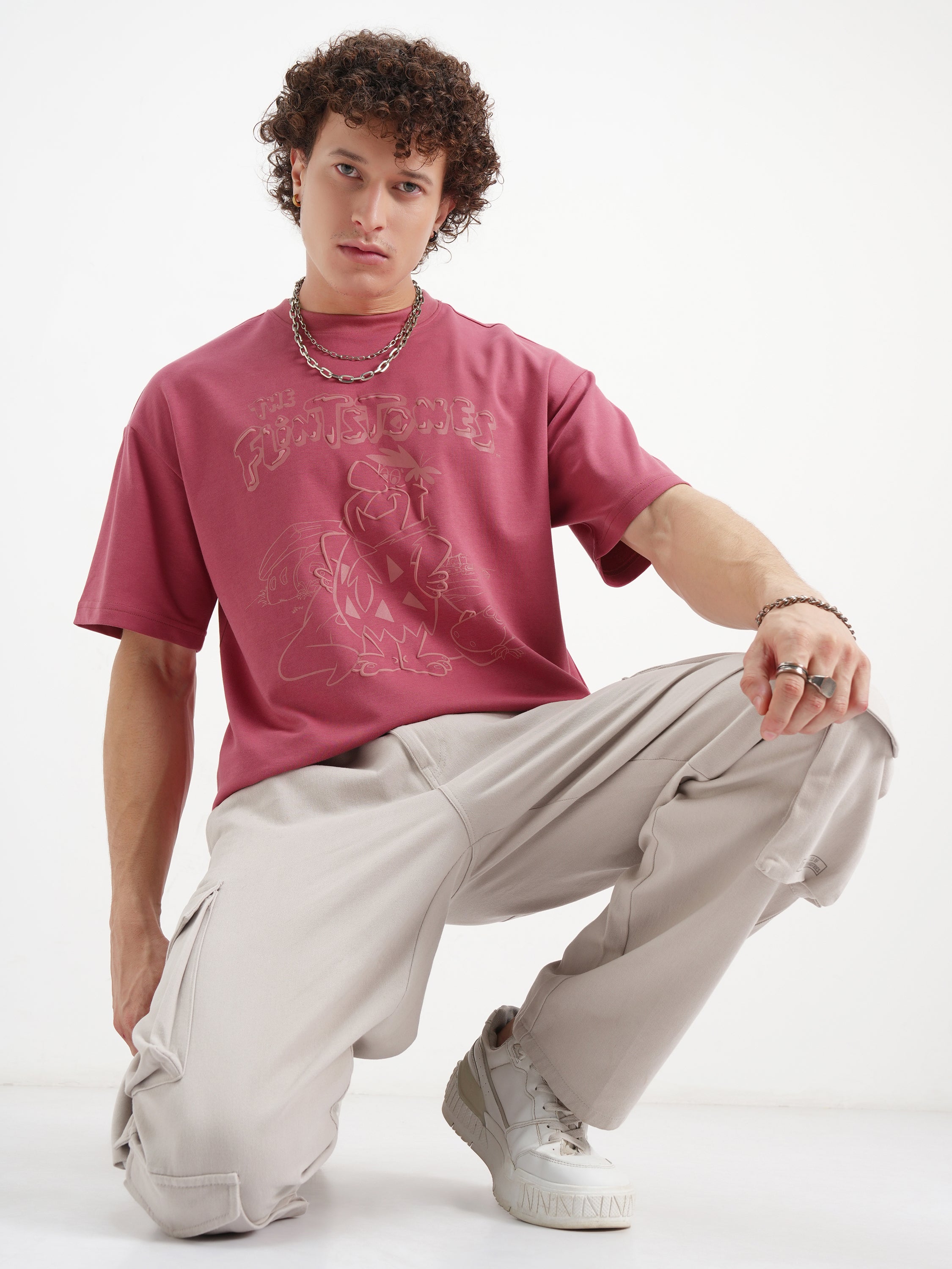 WB By Highlander Men Rust Flintstones Printed Round Neck Oversized Fit T-Shirt - Rust - Image 2