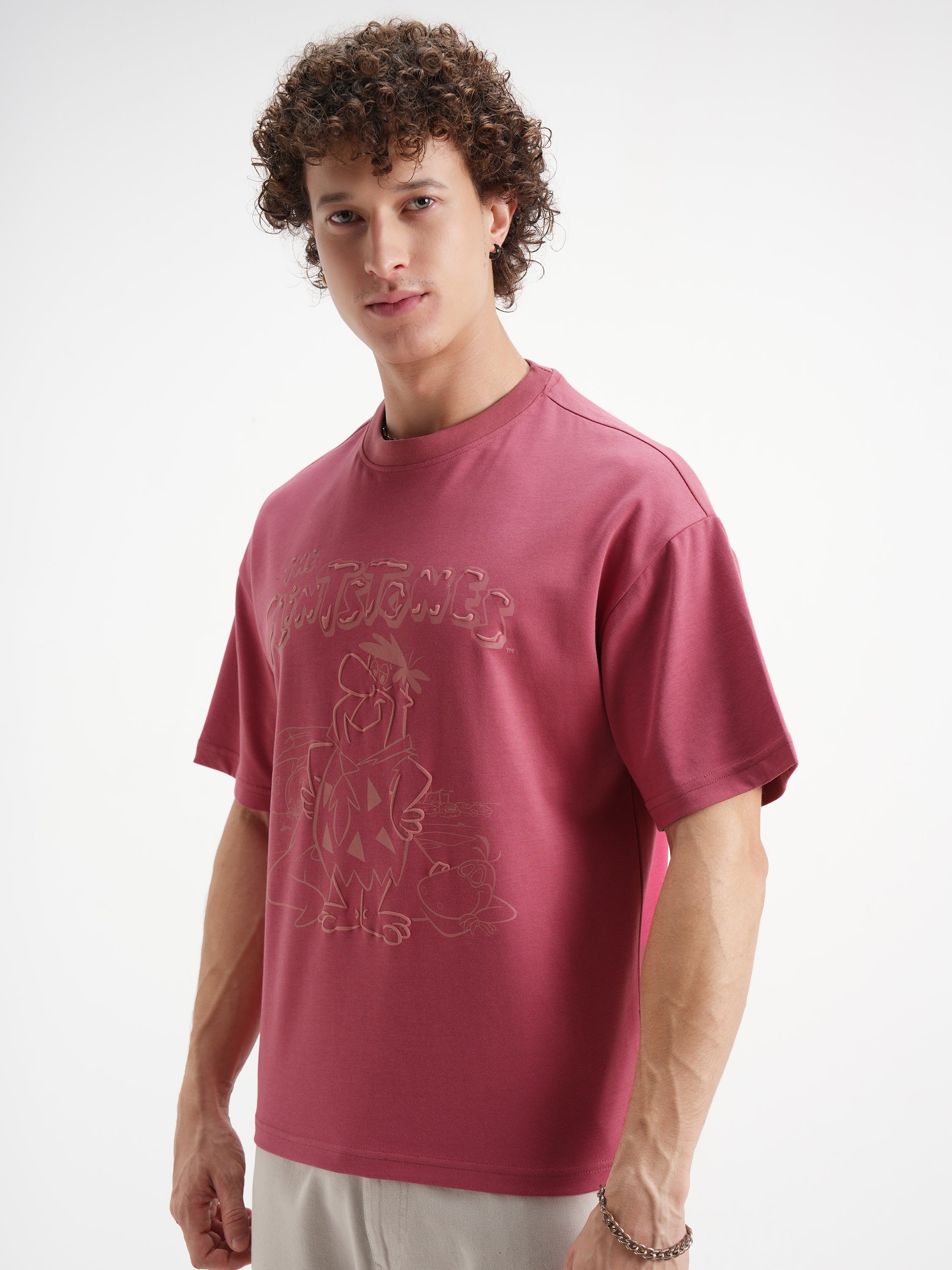 WB By Highlander Men Rust Flintstones Printed Round Neck Oversized Fit T-Shirt - Rust - Image 4