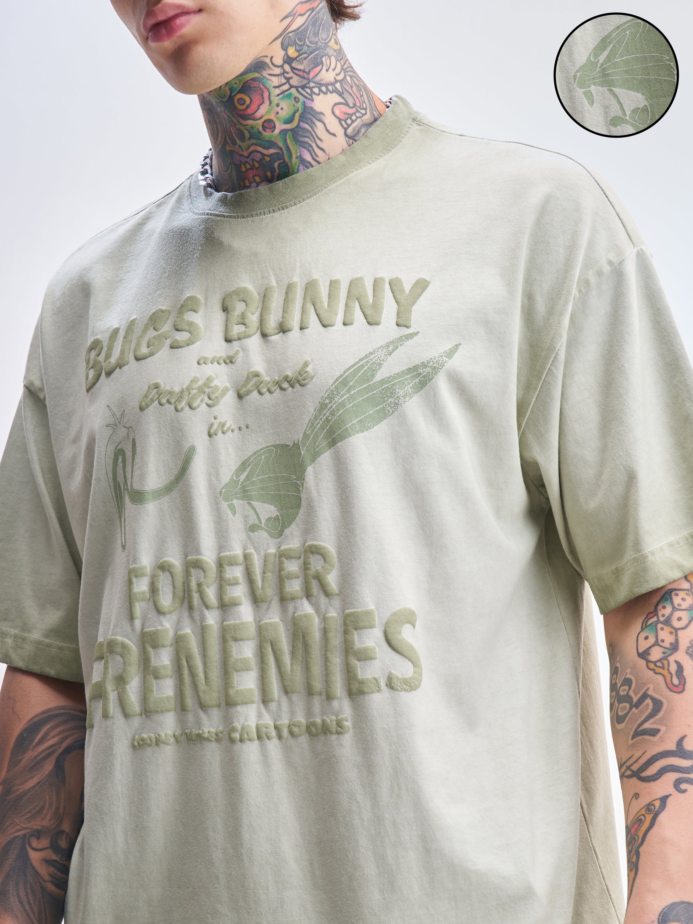 WB By Highlander Men Green Looney Tunes Printed Round Neck Oversized Fit T-Shirt - Green - Image 5