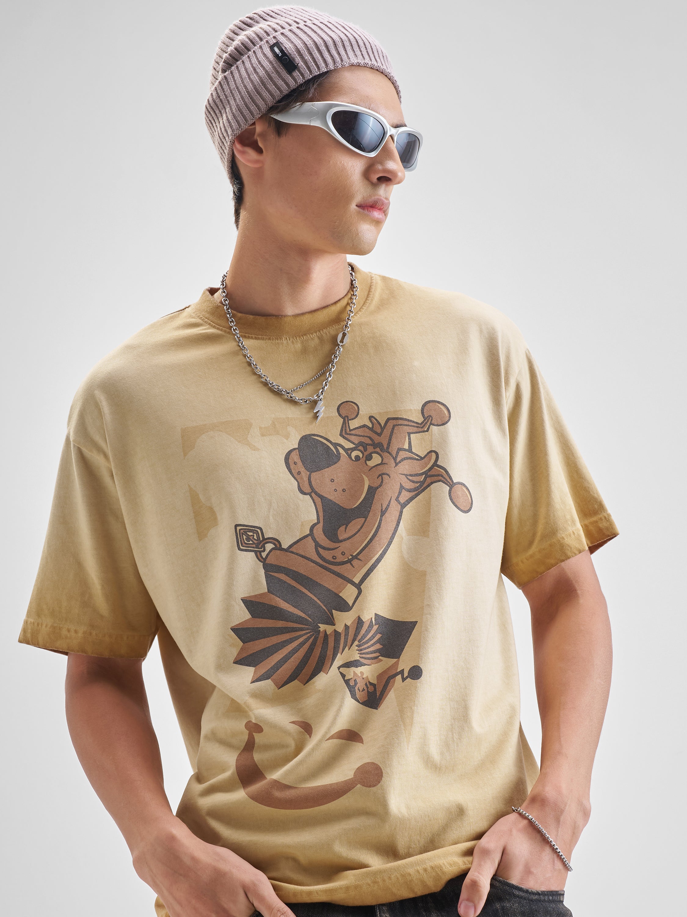 WB By Highlander Men Brown Scooby Doo Printed Round Neck Oversized Fit T-Shirt - Brown - Image 1