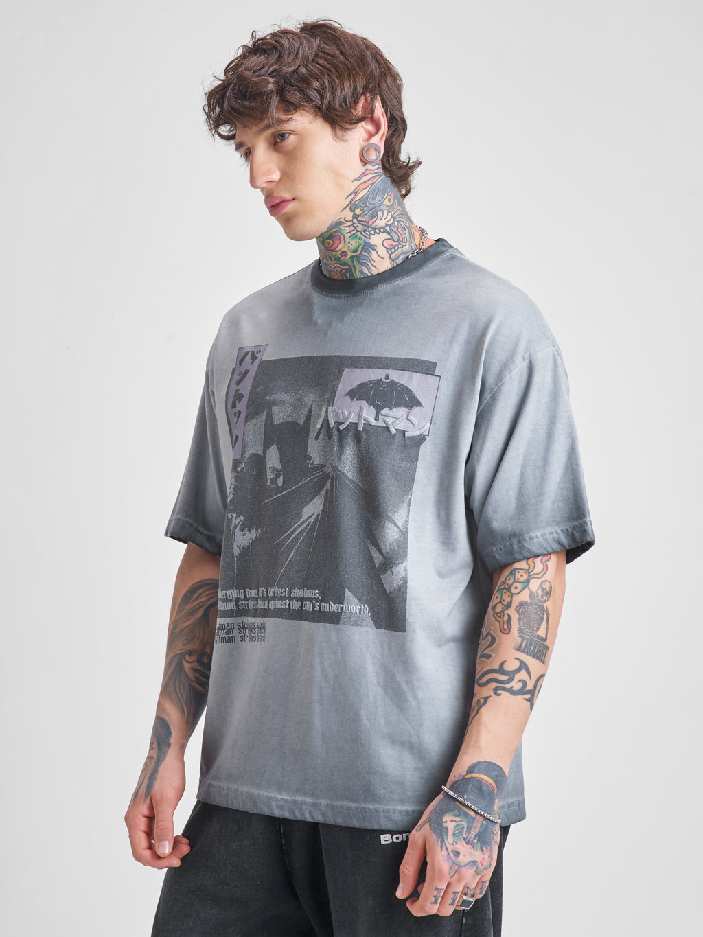 DC By Highlander Men Grey Batman Printed Round Neck Oversized Fit T-Shirt - Grey - Image 4