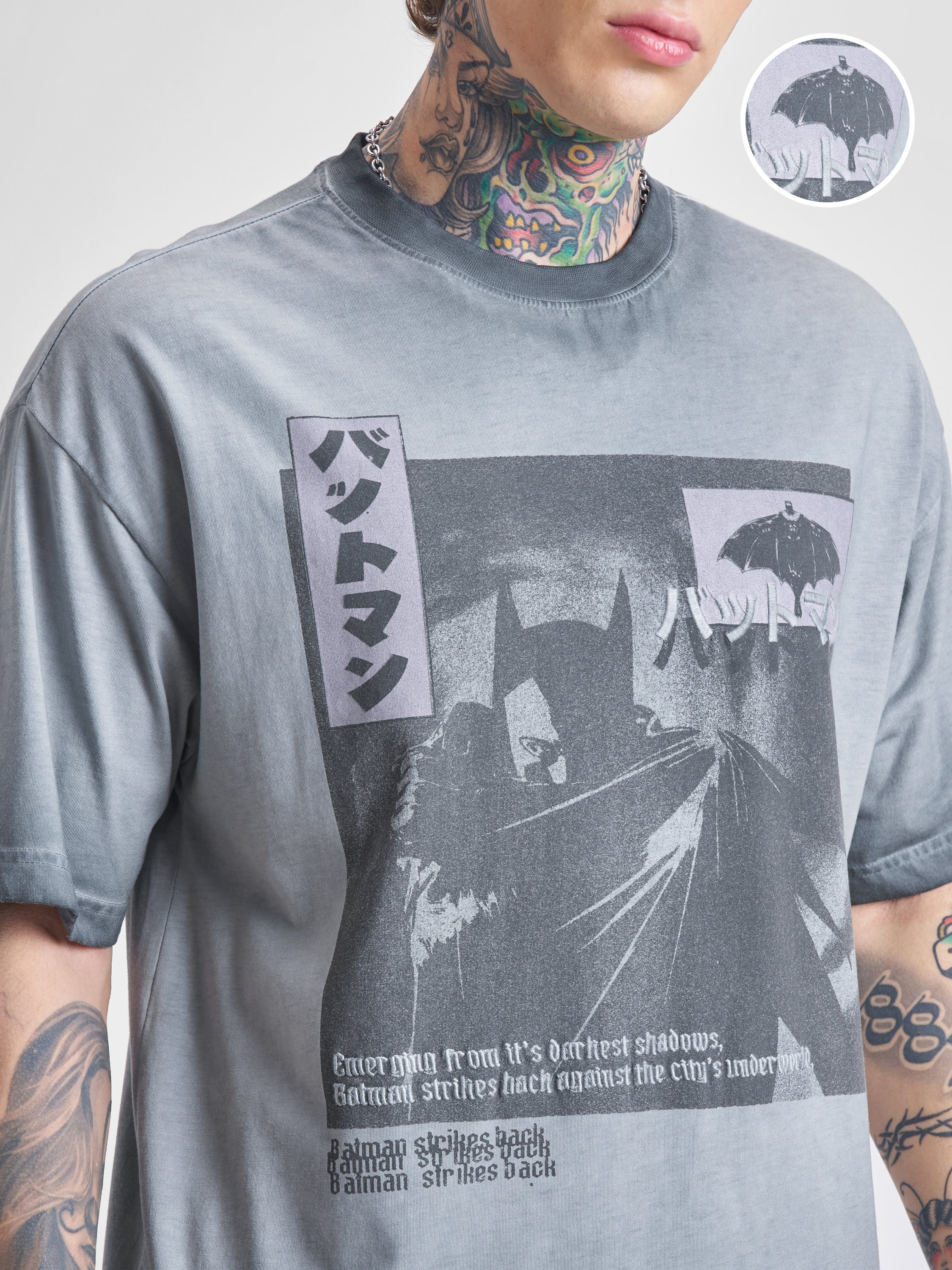 DC By Highlander Men Grey Batman Printed Round Neck Oversized Fit T-Shirt - Grey - Image 5