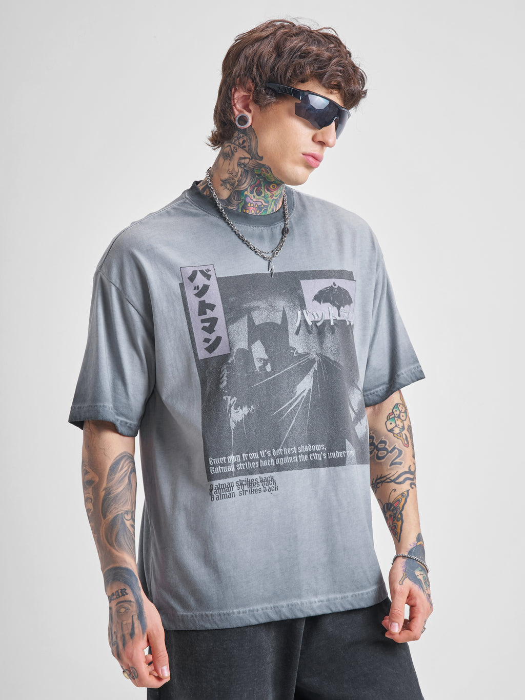 DC By Highlander Men Grey Batman Printed Round Neck Oversized Fit T-Shirt - Grey - Image 6