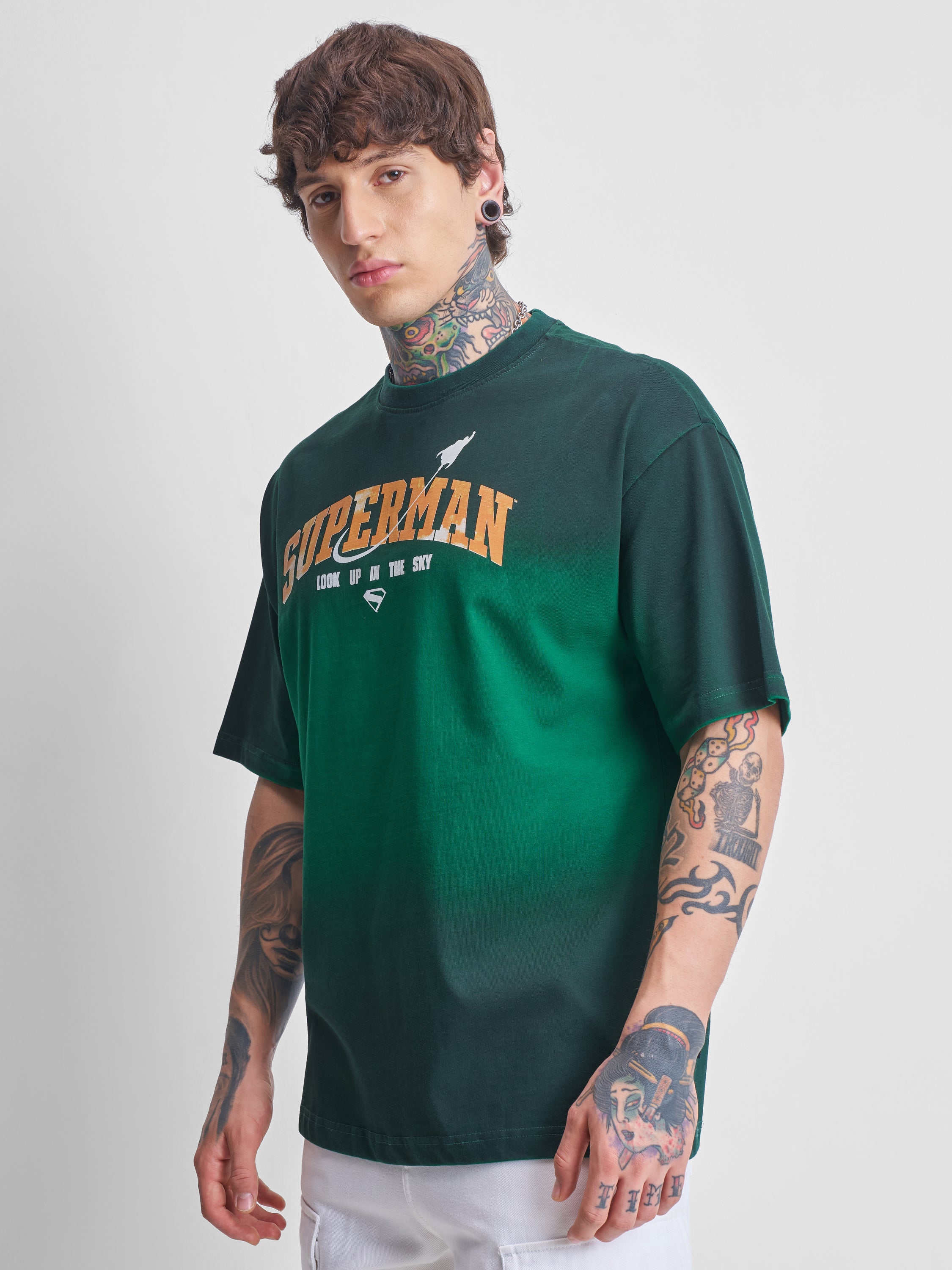 DC By Highlander Men Green Superman Printed Round Neck Oversized Fit T-Shirt - Green - Image 4
