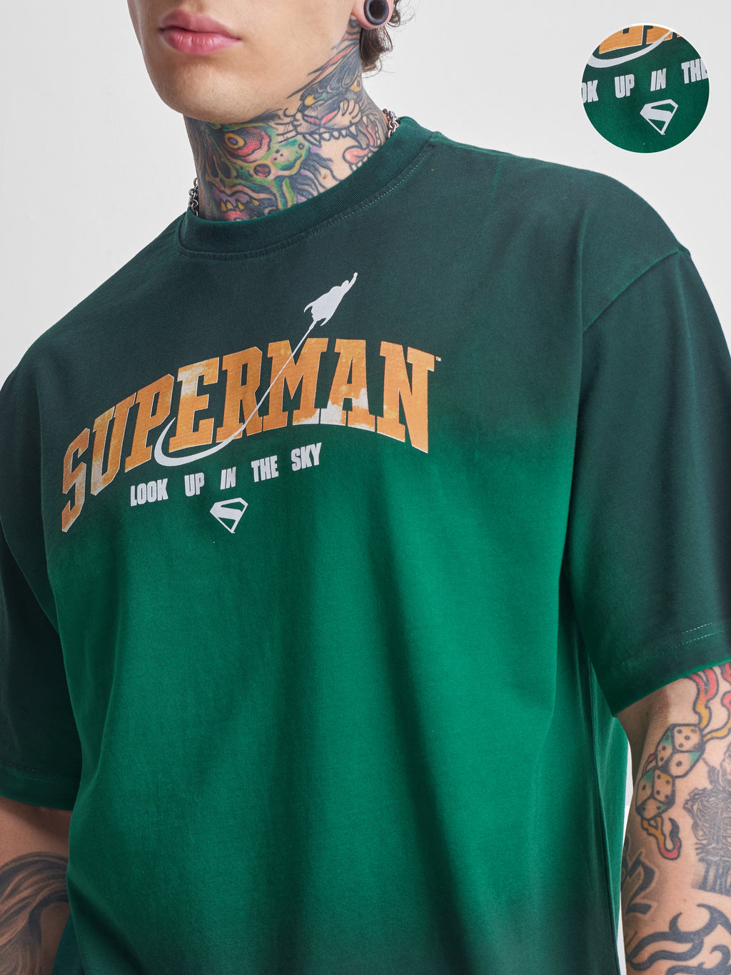 DC By Highlander Men Green Superman Printed Round Neck Oversized Fit T-Shirt - Green - Image 5