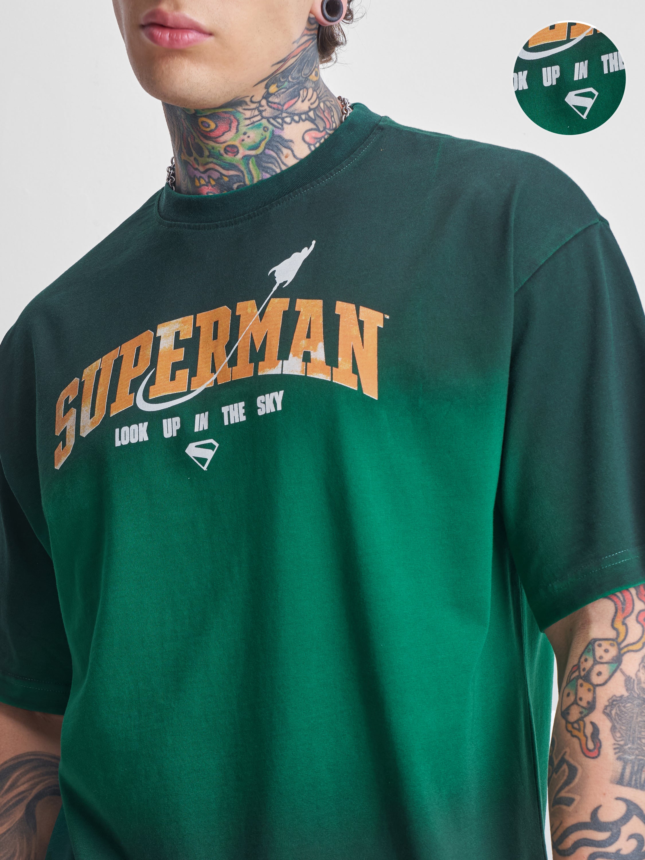 DC By Highlander Men Green Superman Printed Round Neck Oversized Fit T-Shirt - Green - Image 5