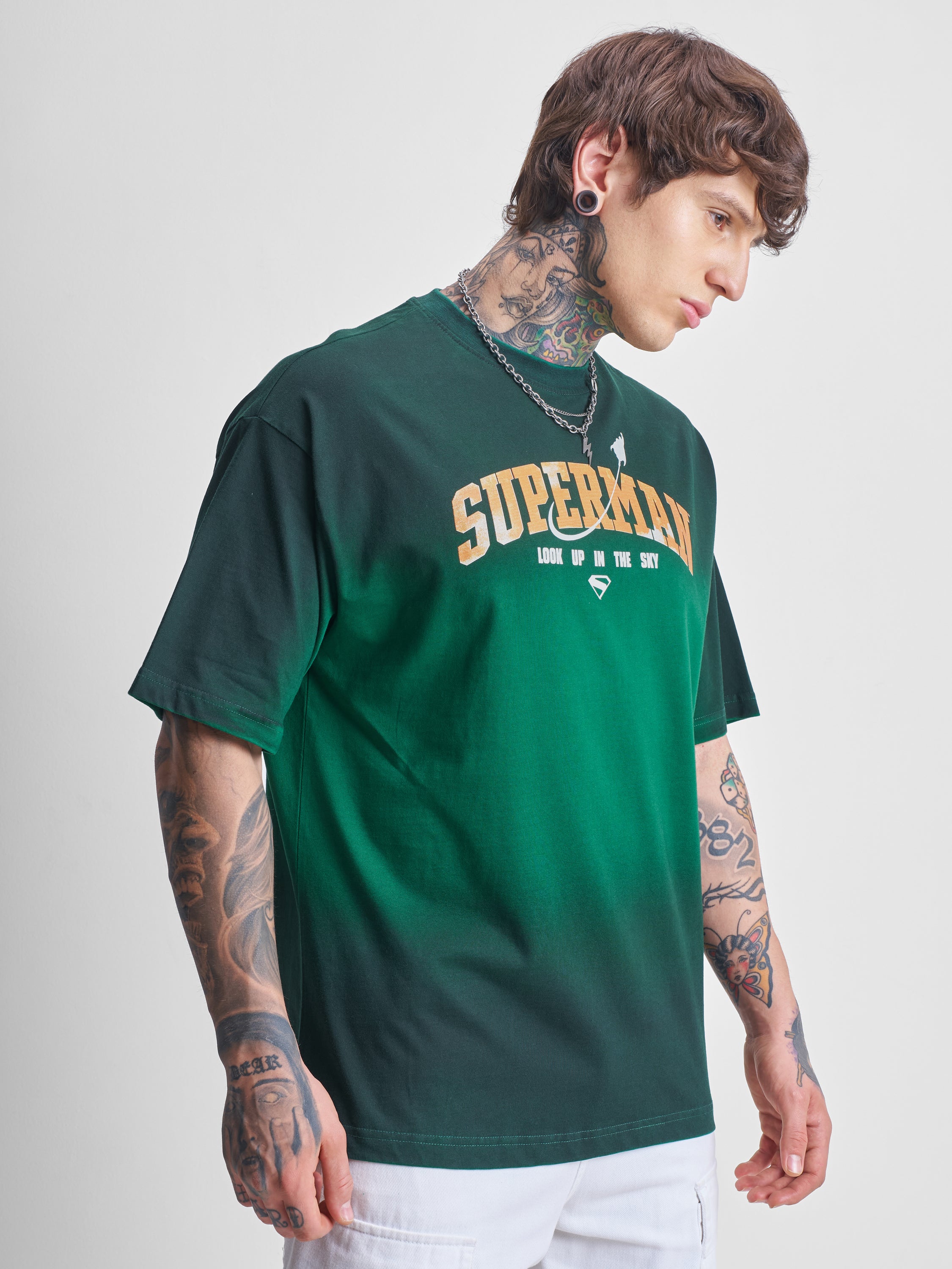 DC By Highlander Men Green Superman Printed Round Neck Oversized Fit T-Shirt - Green - Image 6