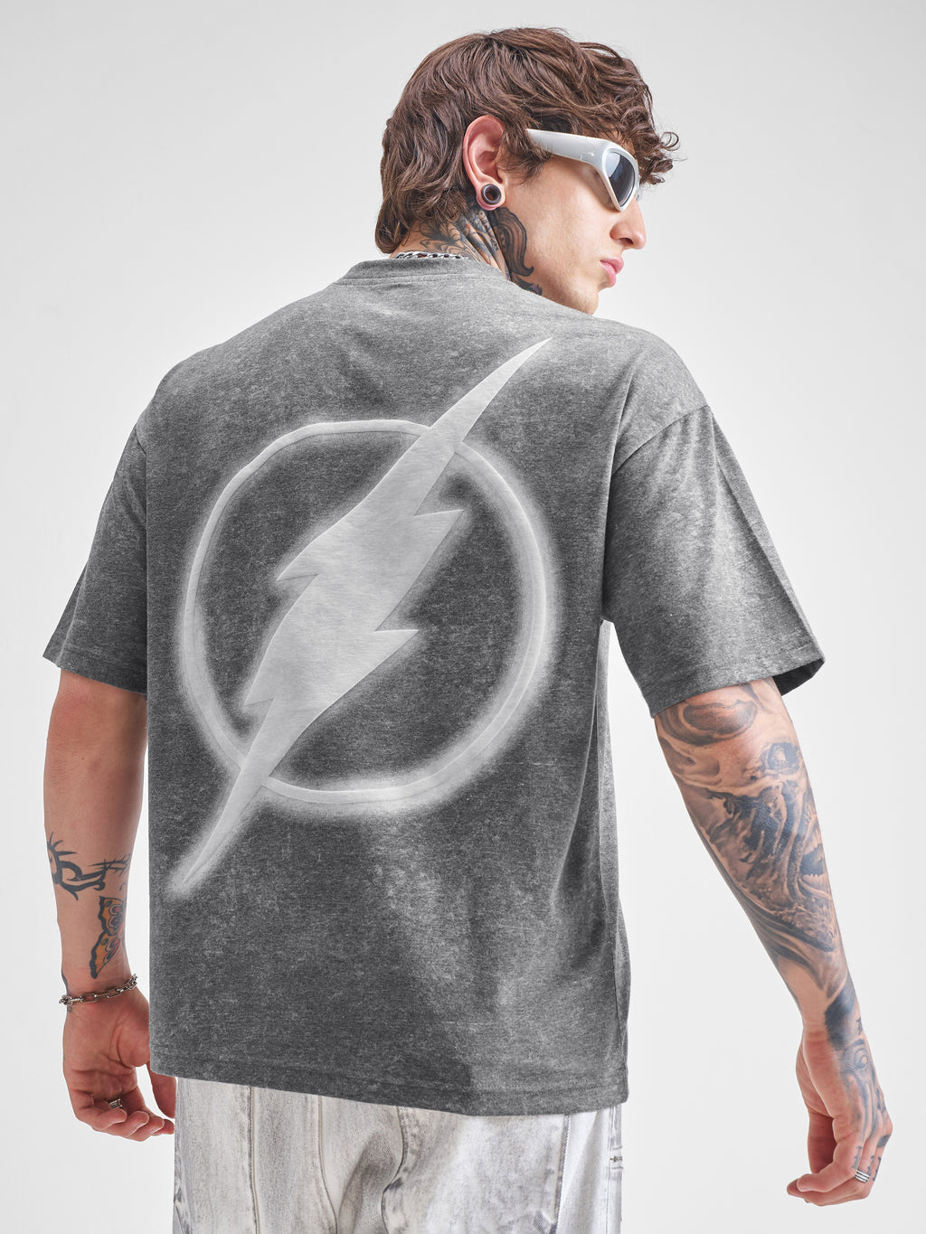 DC By Highlander Men Grey Flash Printed Round Neck Oversized Fit T-Shirt - Grey - Image 1