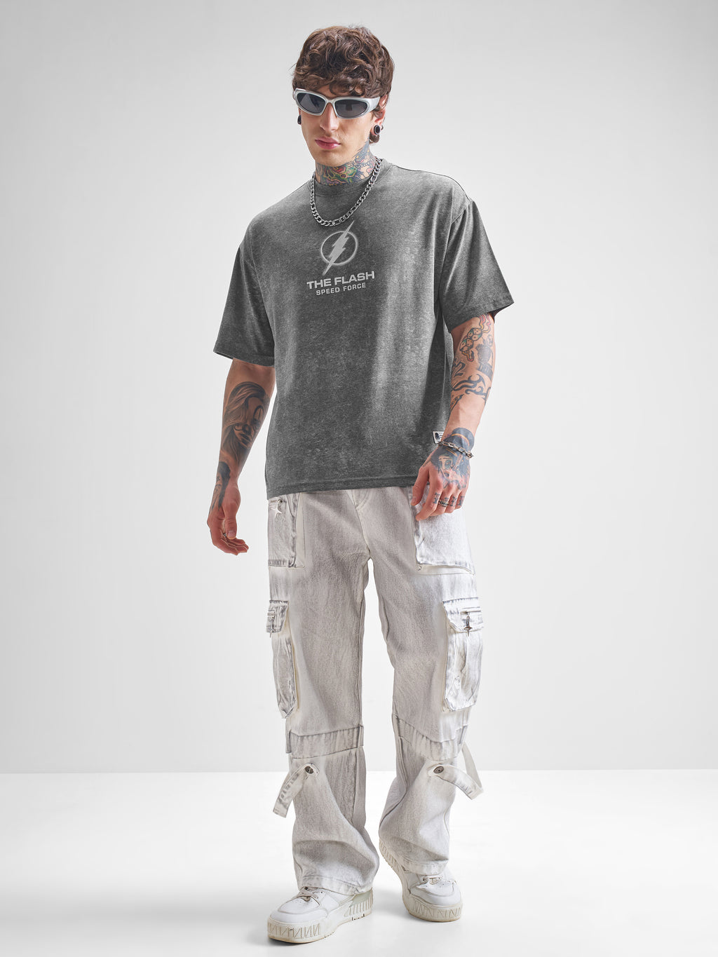 DC By Highlander Men Grey Flash Printed Round Neck Oversized Fit T-Shirt - Grey - Image 2