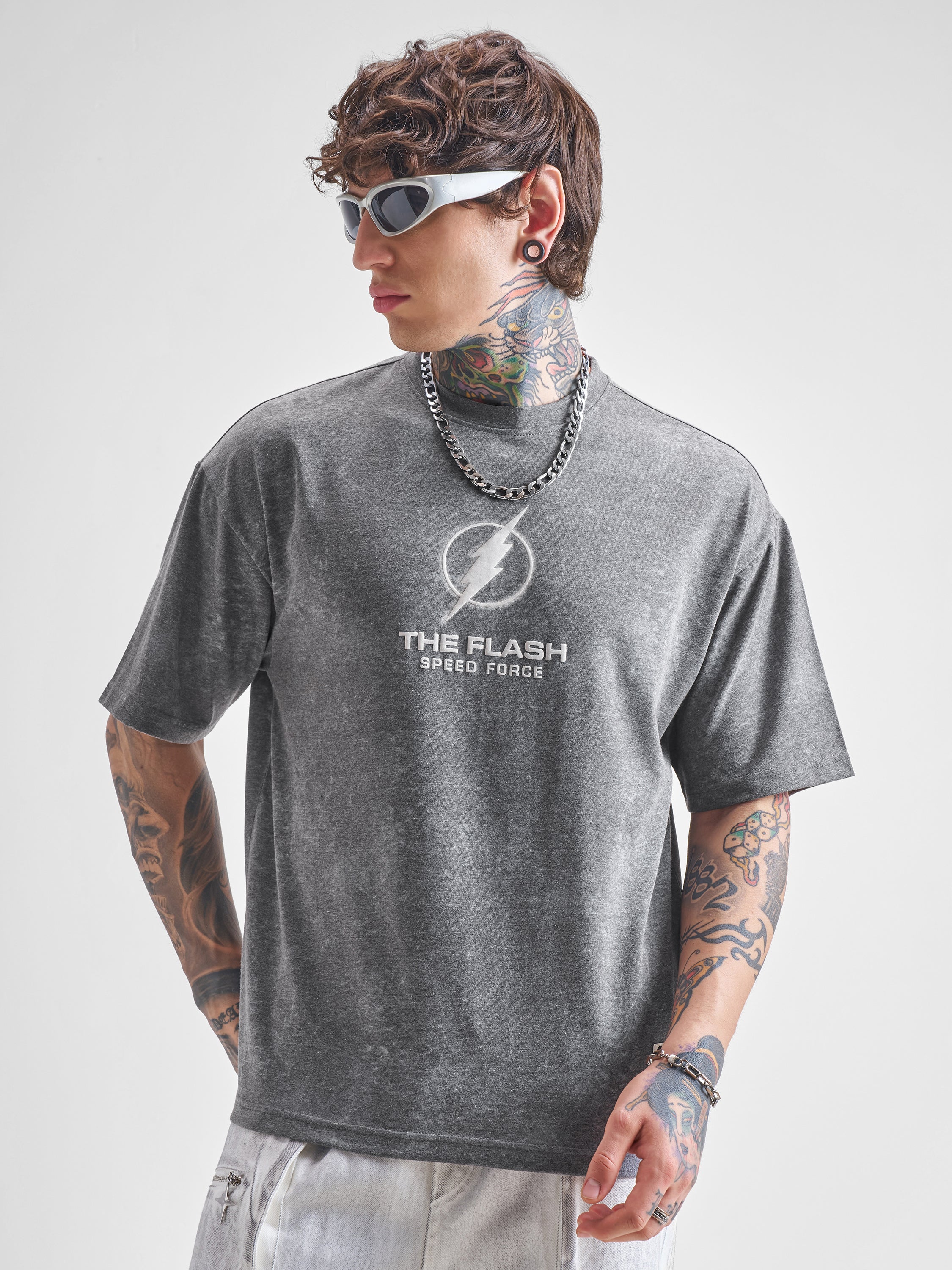 DC By Highlander Men Grey Flash Printed Round Neck Oversized Fit T-Shirt - Grey - Image 3