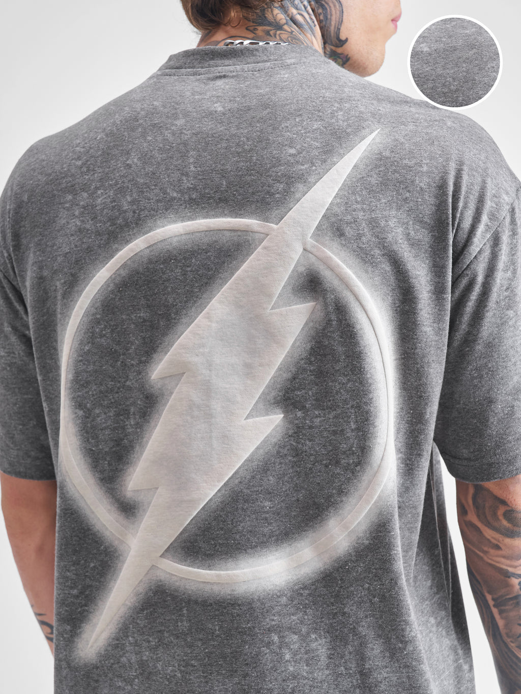 DC By Highlander Men Grey Flash Printed Round Neck Oversized Fit T-Shirt - Grey - Image 5