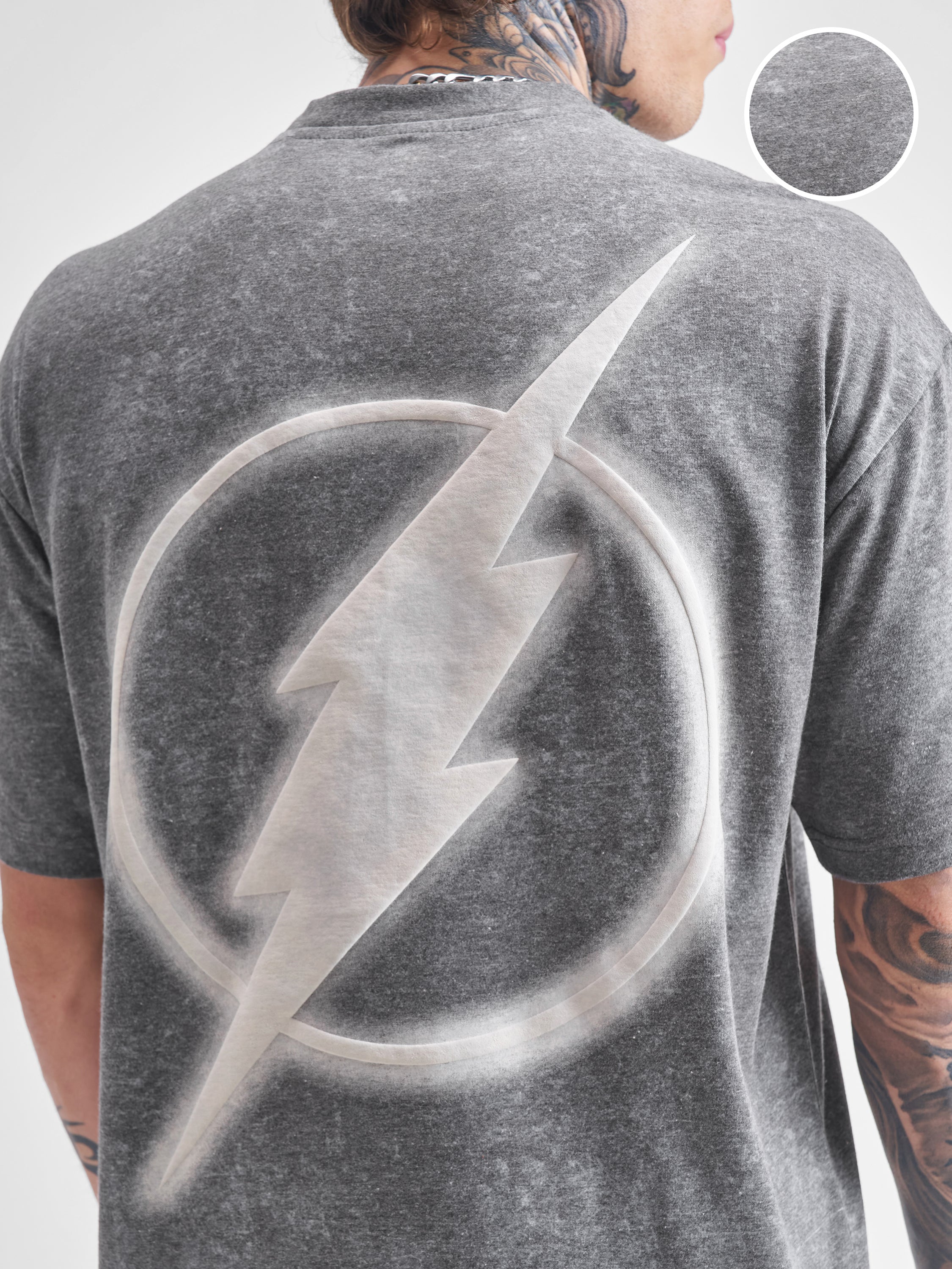 DC By Highlander Men Grey Flash Printed Round Neck Oversized Fit T-Shirt - Grey - Image 5