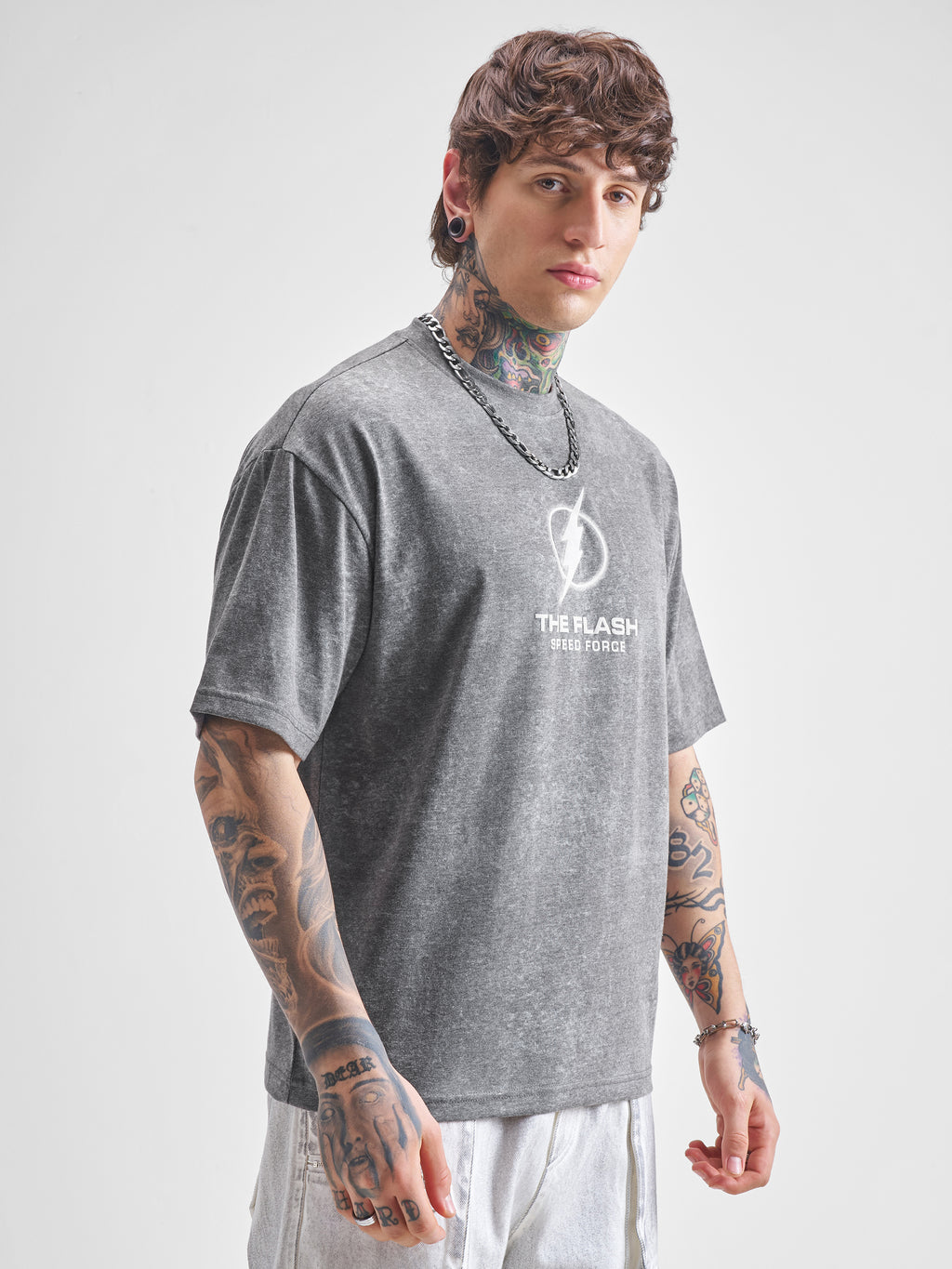 DC By Highlander Men Grey Flash Printed Round Neck Oversized Fit T-Shirt - Grey - Image 6
