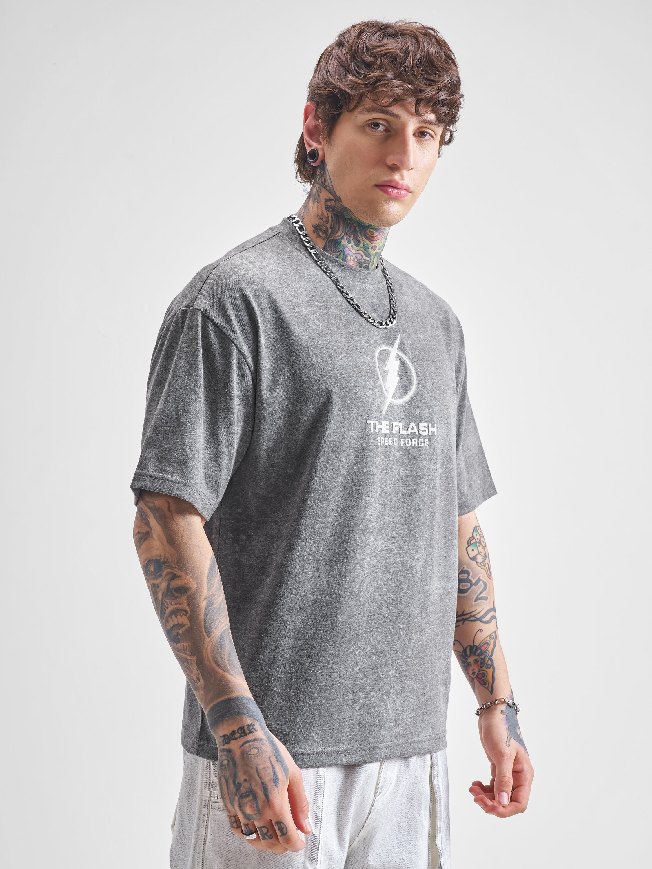 DC By Highlander Men Grey Flash Printed Round Neck Oversized Fit T-Shirt - Grey - Image 6