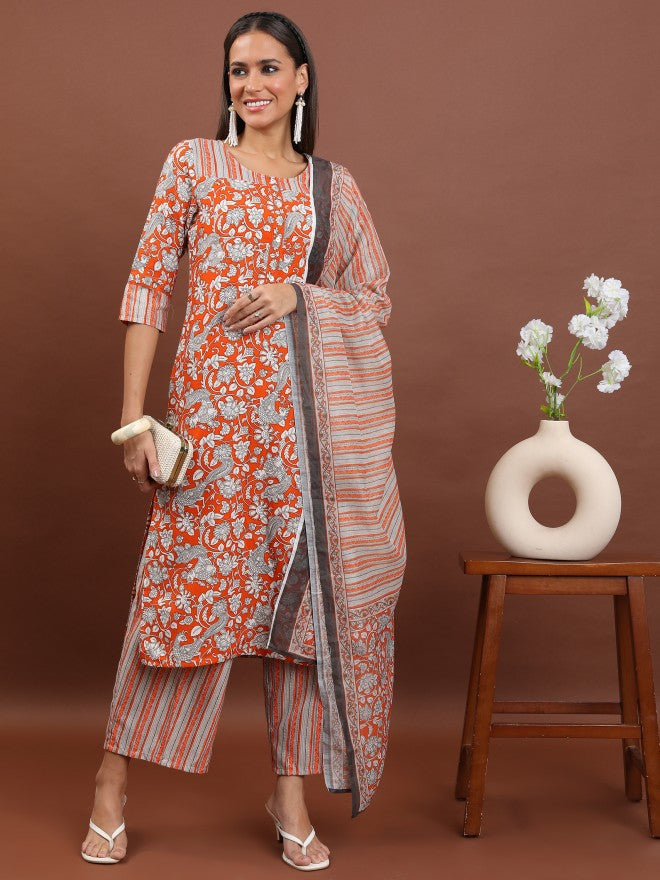 Ketch Women Terracotta Printed Kurta With Palazzo And Dupatta - Terracotta - Image 1