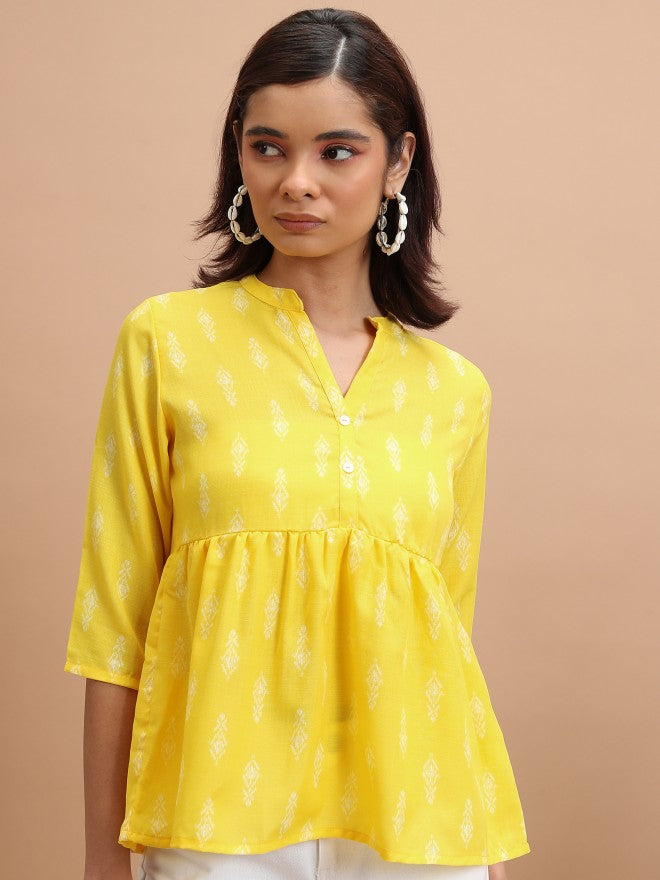 Ketch Women Yellow Printed Peplum Top - Yellow - Image 1