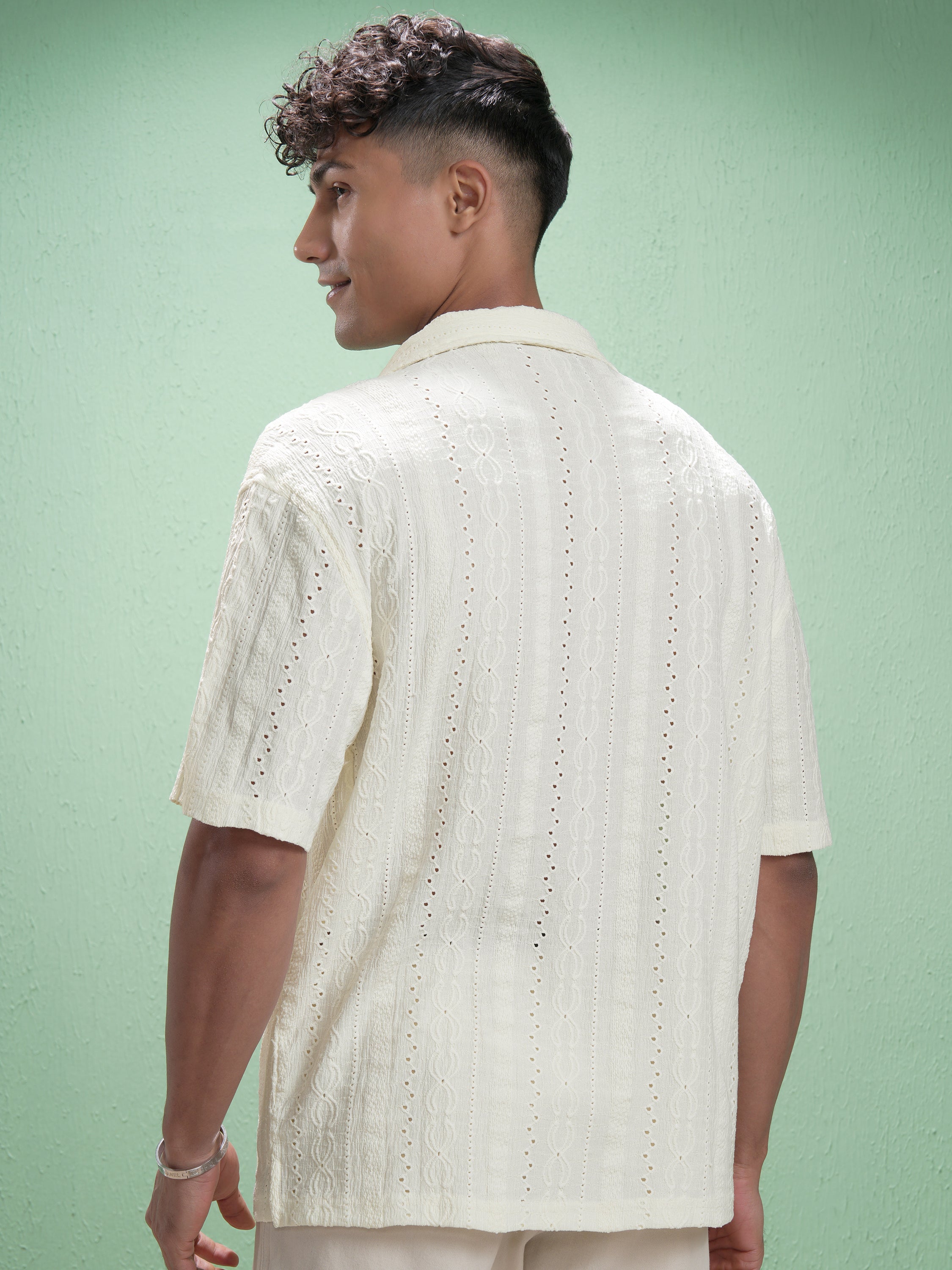 Locomotive Men Cream Self Design Oversized Fit Casual Shirt - Cream - Image 3