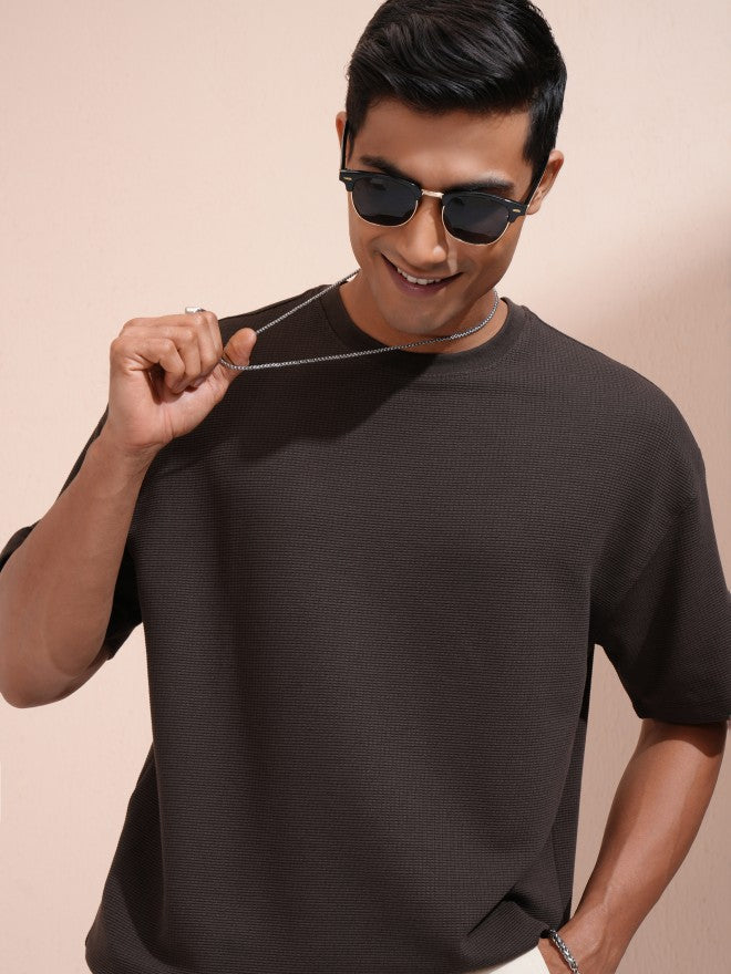 Locomotive Men Brown Self Design Round Neck Oversized Fit T-Shirt - Brown - Image 1