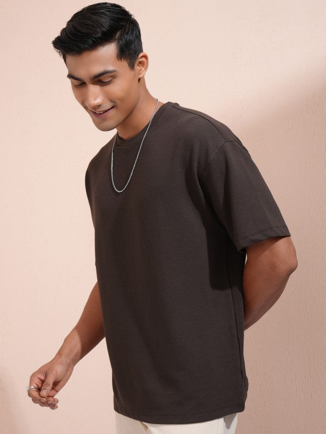 Locomotive Men Brown Self Design Round Neck Oversized Fit T-Shirt - Brown - Image 4