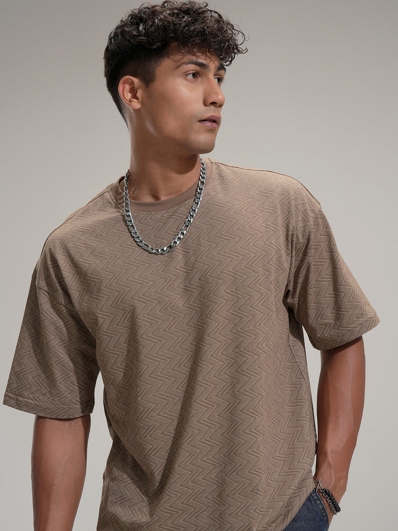 Locomotive Men Brown Self Design Round Neck T-Shirt - Brown - Image 1