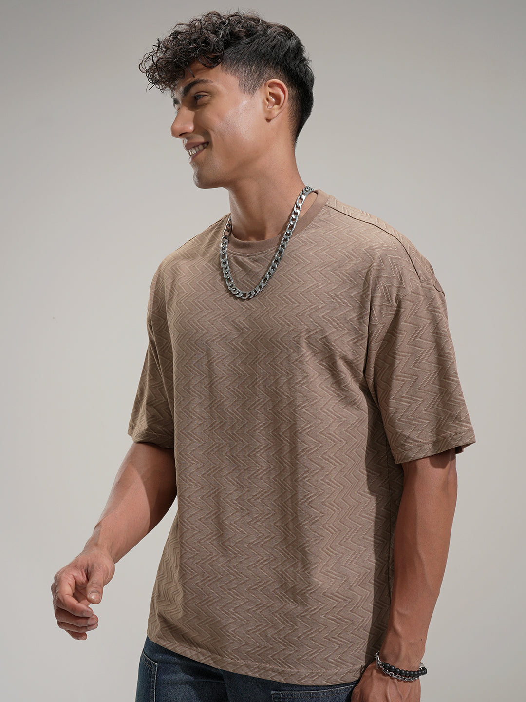 Locomotive Men Brown Self Design Round Neck T-Shirt - Brown - Image 4