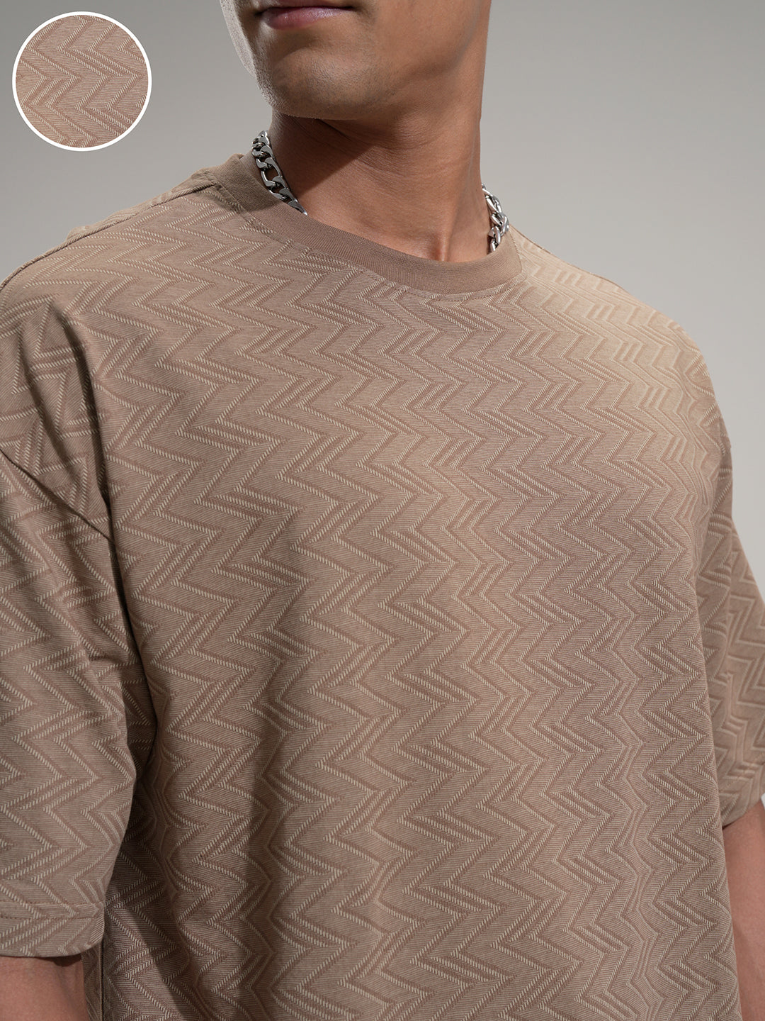 Locomotive Men Brown Self Design Round Neck T-Shirt - Brown - Image 5