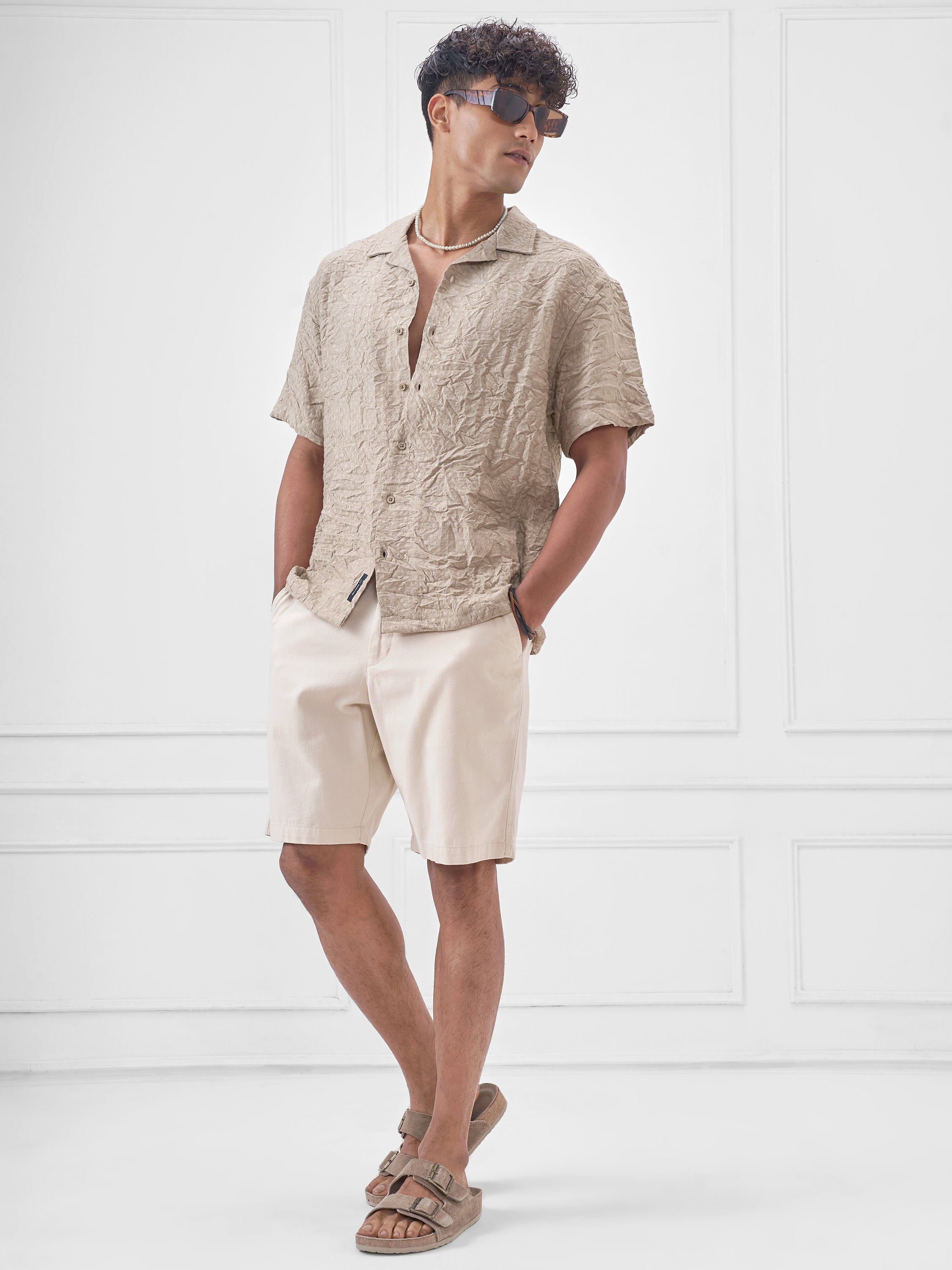 Locomotive Men Beige Crushed Relaxed Fit Casual Shirt - Beige - Image 2