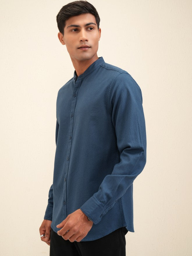 Locomotive Men Teal Self Design Regular Fit Casual Shirt - Teal - Image 4