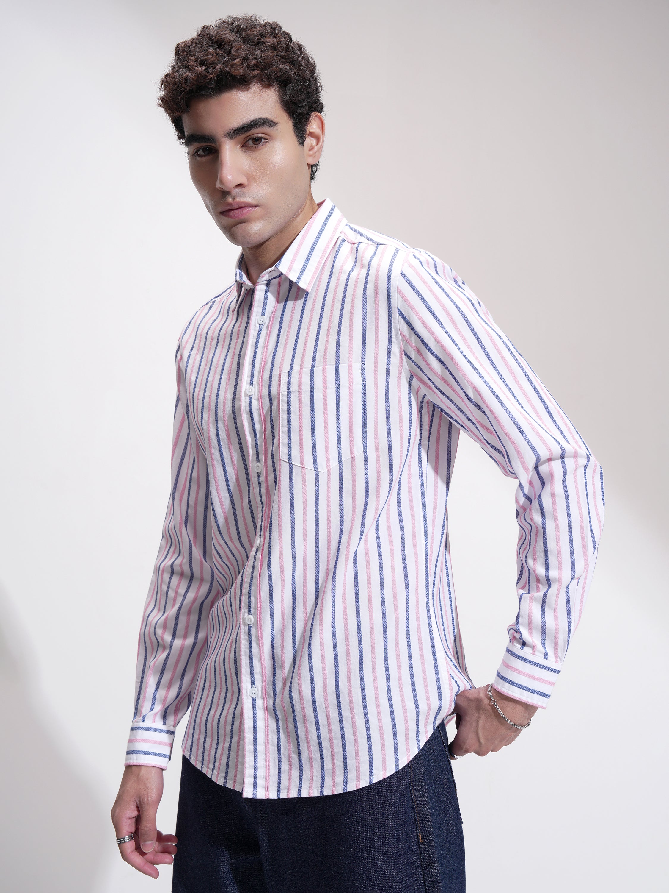 Locomotive Men Blue Striped Slim Fit Casual Shirt - Blue - Image 4
