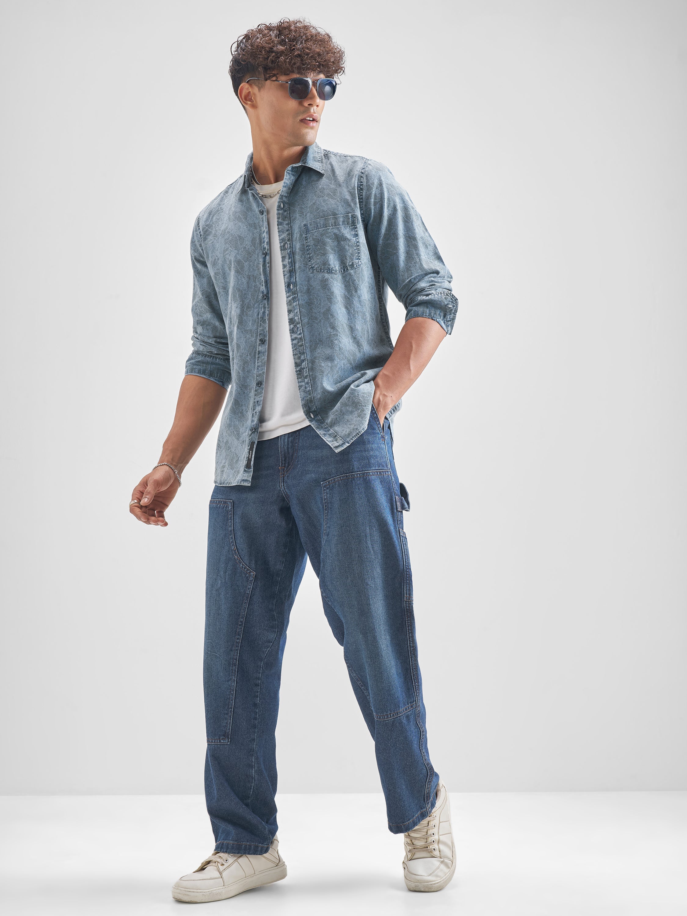 Locomotive Men Blue Self Design Slim Fit Casual Shirt - Blue - Image 2