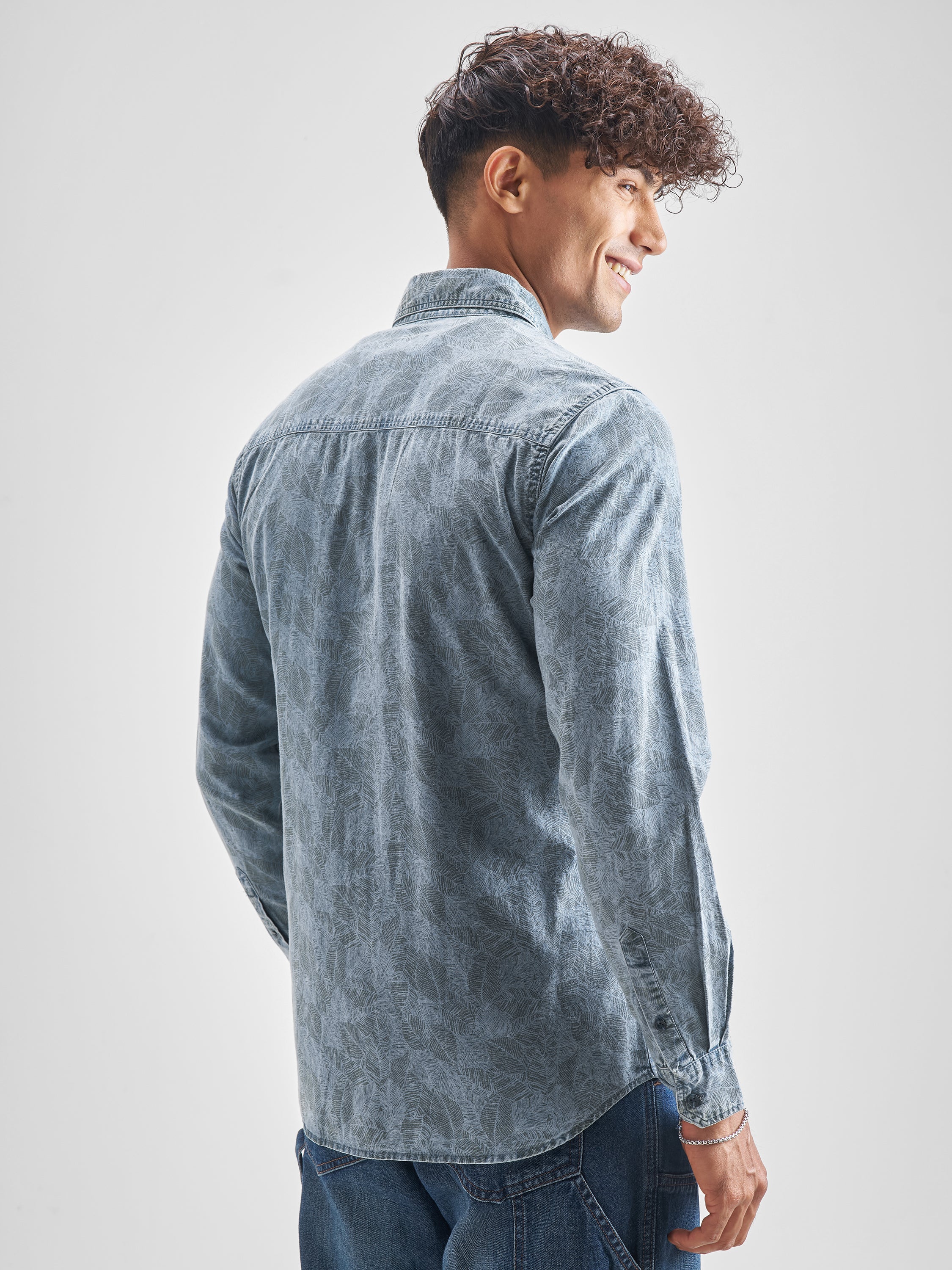 Locomotive Men Blue Self Design Slim Fit Casual Shirt - Blue - Image 3