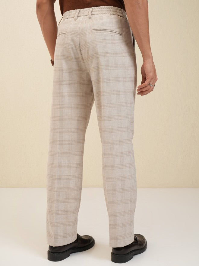 Locomotive Men Beige Regular Fit Checked Formal Trouser - Beige - Image 3