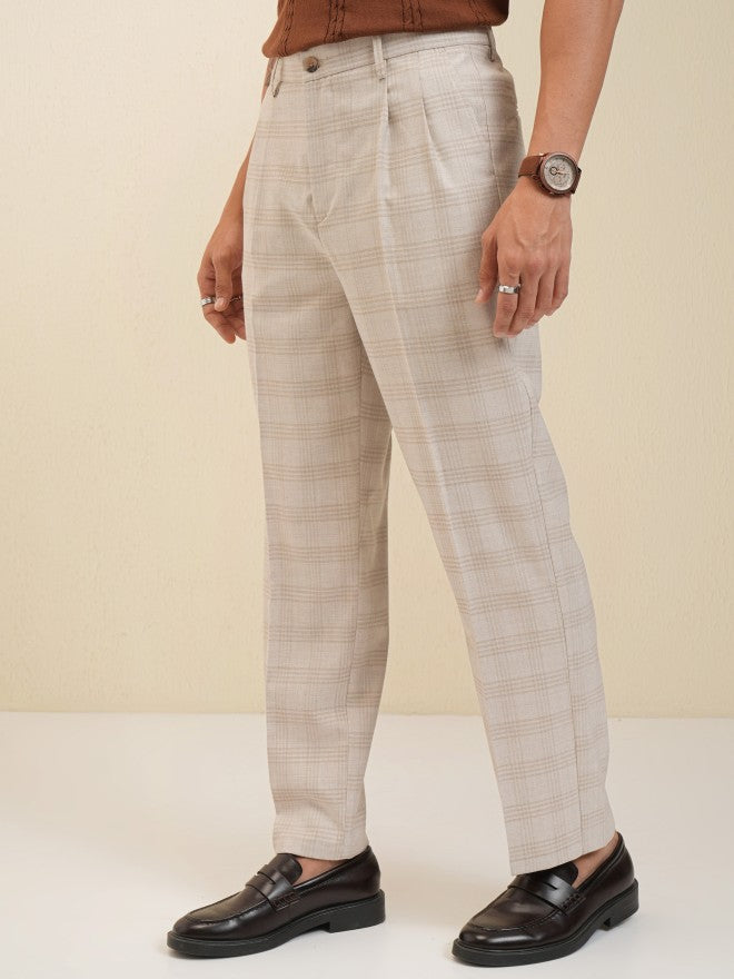 Locomotive Men Beige Regular Fit Checked Formal Trouser - Beige - Image 4