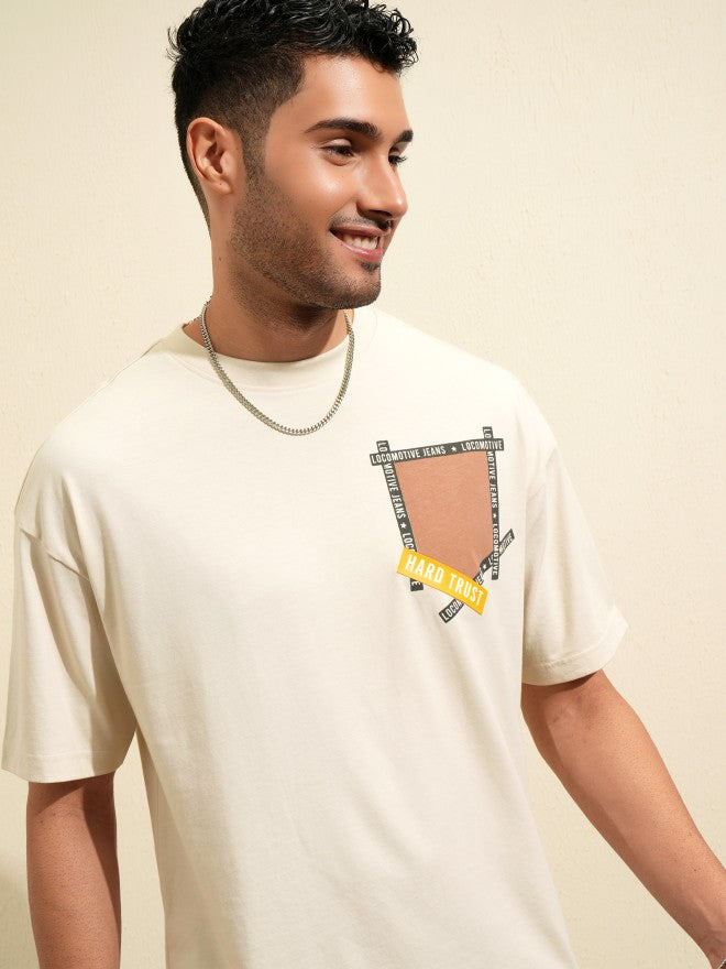 Locomotive Men Cream Printed Round Neck Oversized Fit T-Shirt - Cream - Image 1