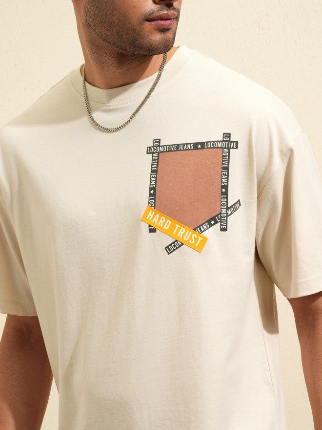 Locomotive Men Cream Printed Round Neck Oversized Fit T-Shirt - Cream - Image 5