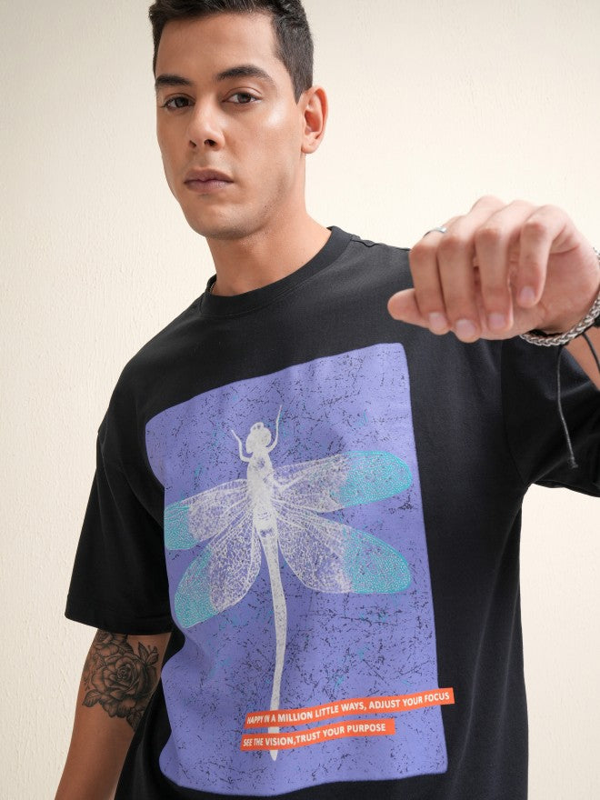 Locomotive Men Black Printed Round Neck Oversized Fit T-Shirt - Black - Image 1