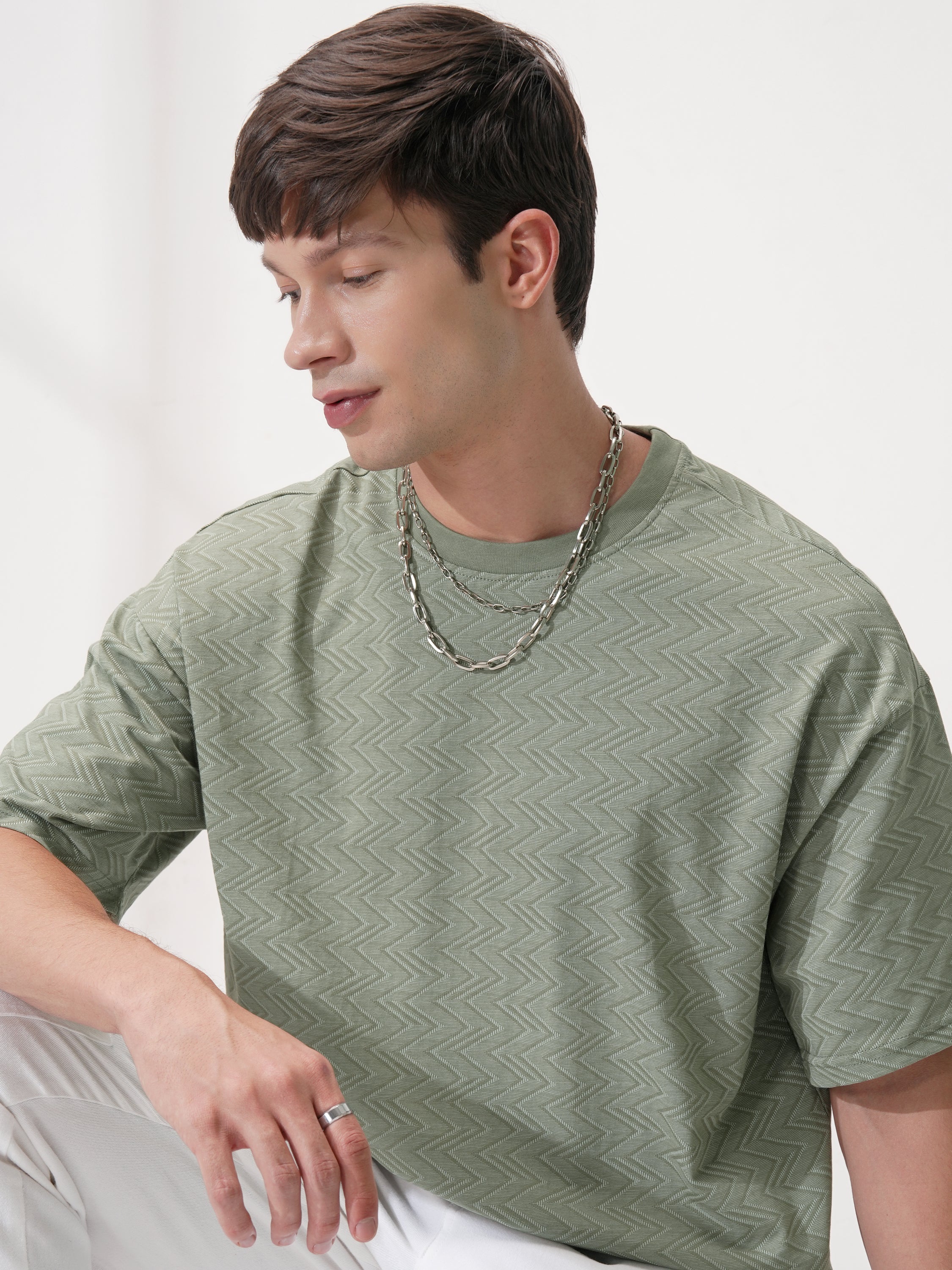 Locomotive Men Olive Self Design Round Neck T-Shirt - Olive - Image 1