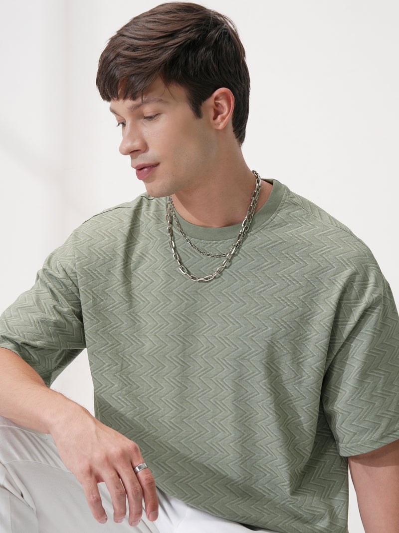 Locomotive Men Olive Self Design Round Neck T-Shirt - Olive - Image 1