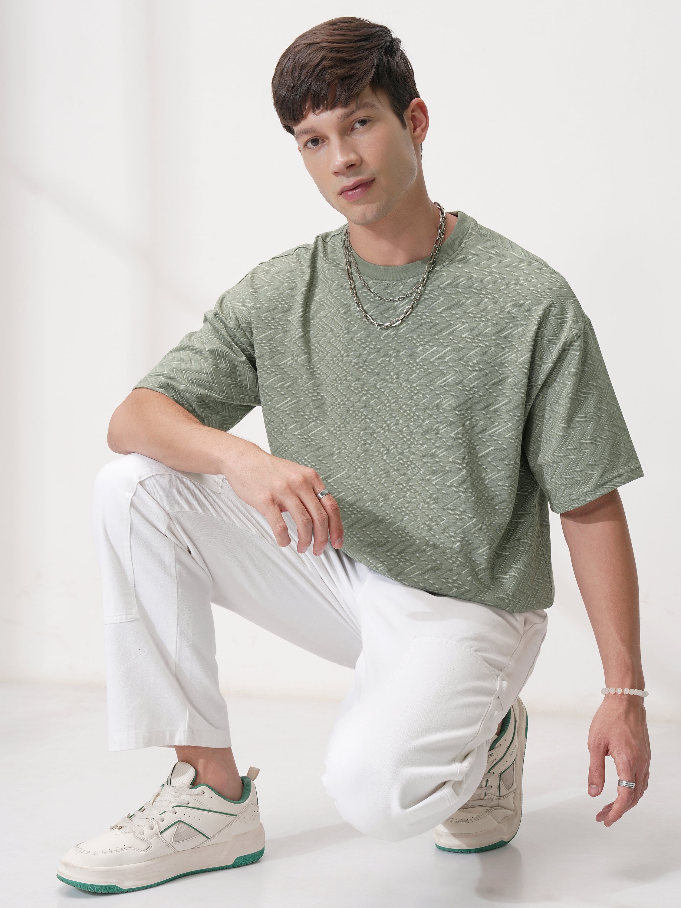 Locomotive Men Olive Self Design Round Neck T-Shirt - Olive - Image 2