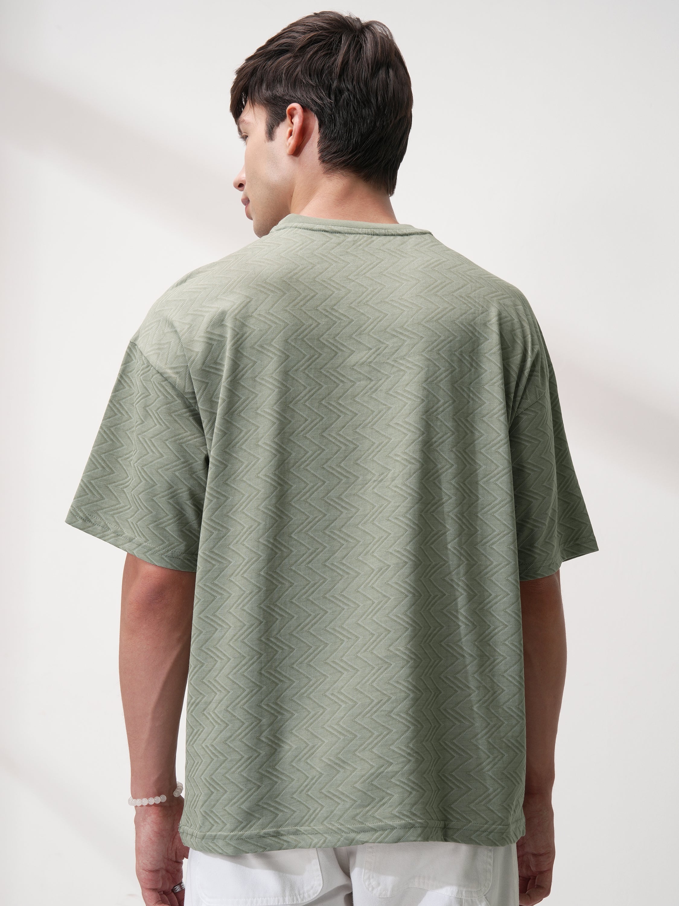 Locomotive Men Olive Self Design Round Neck T-Shirt - Olive - Image 3