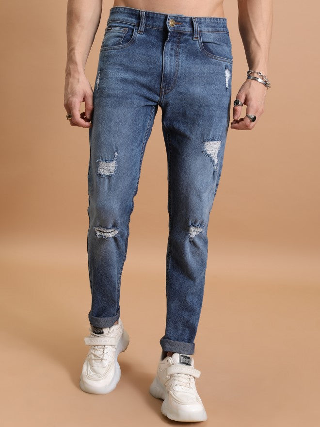 Highlander Men Light Blue Tapered Fit Highly Distressed Stretchable Jeans - Blue - Image 1