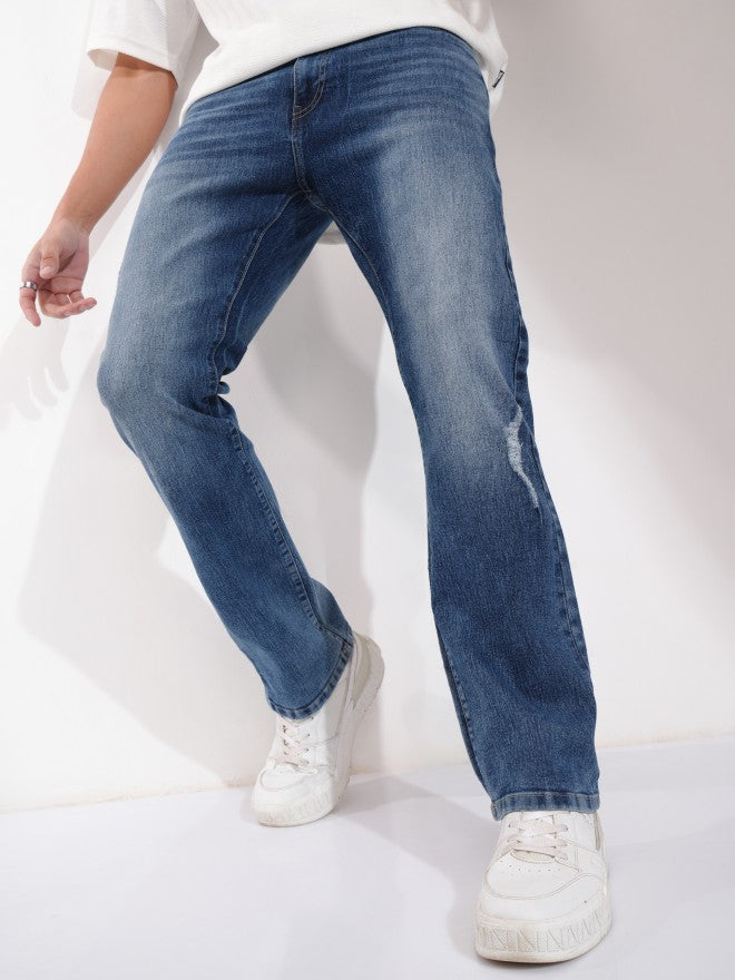 Purple By Highlander Men Blue Bootcut Mildly Distressed Stretchable Jeans - Blue - Image 1