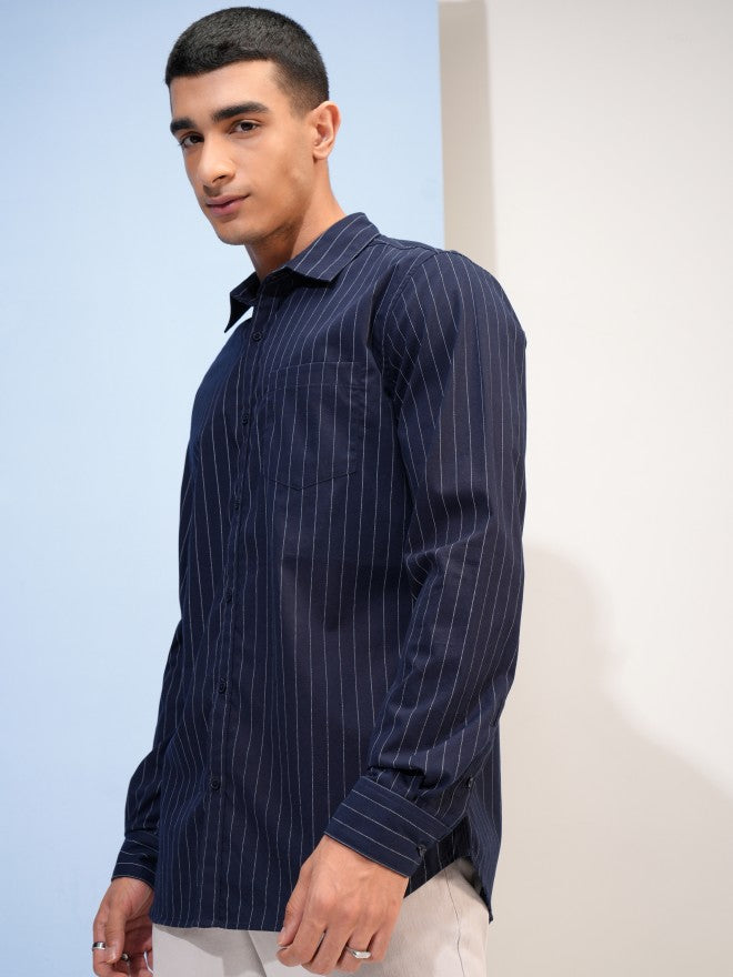 Highlander Men Navy Blue Striped Slim Fit Casual Shirt - Navy Blue - Image 4