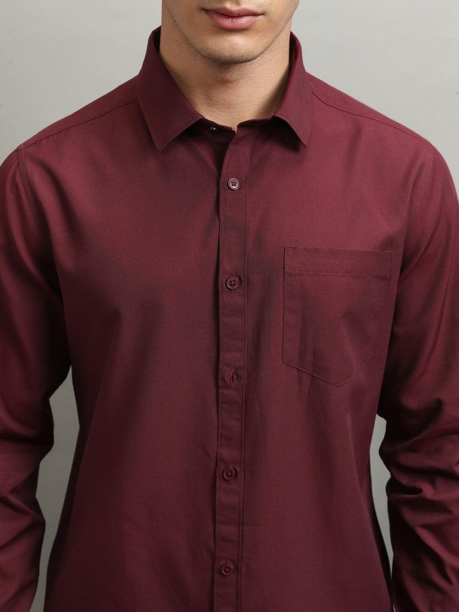 Highlander Men Burgundy Solid Slim Fit Casual Shirt - Burgundy - Image 5