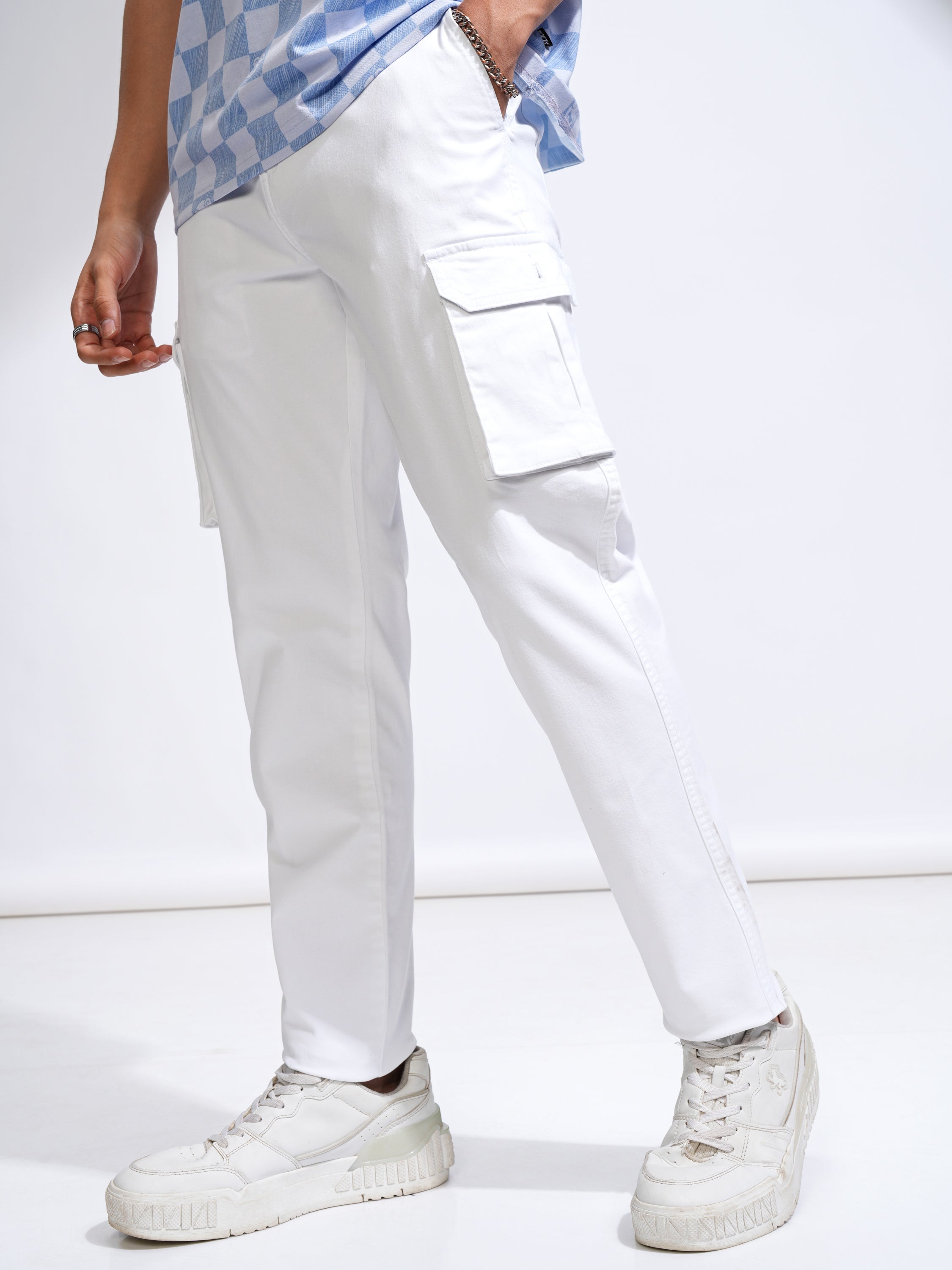 Purple By Highlander Men White Straight Fit Solid Cargo - White - Image 4