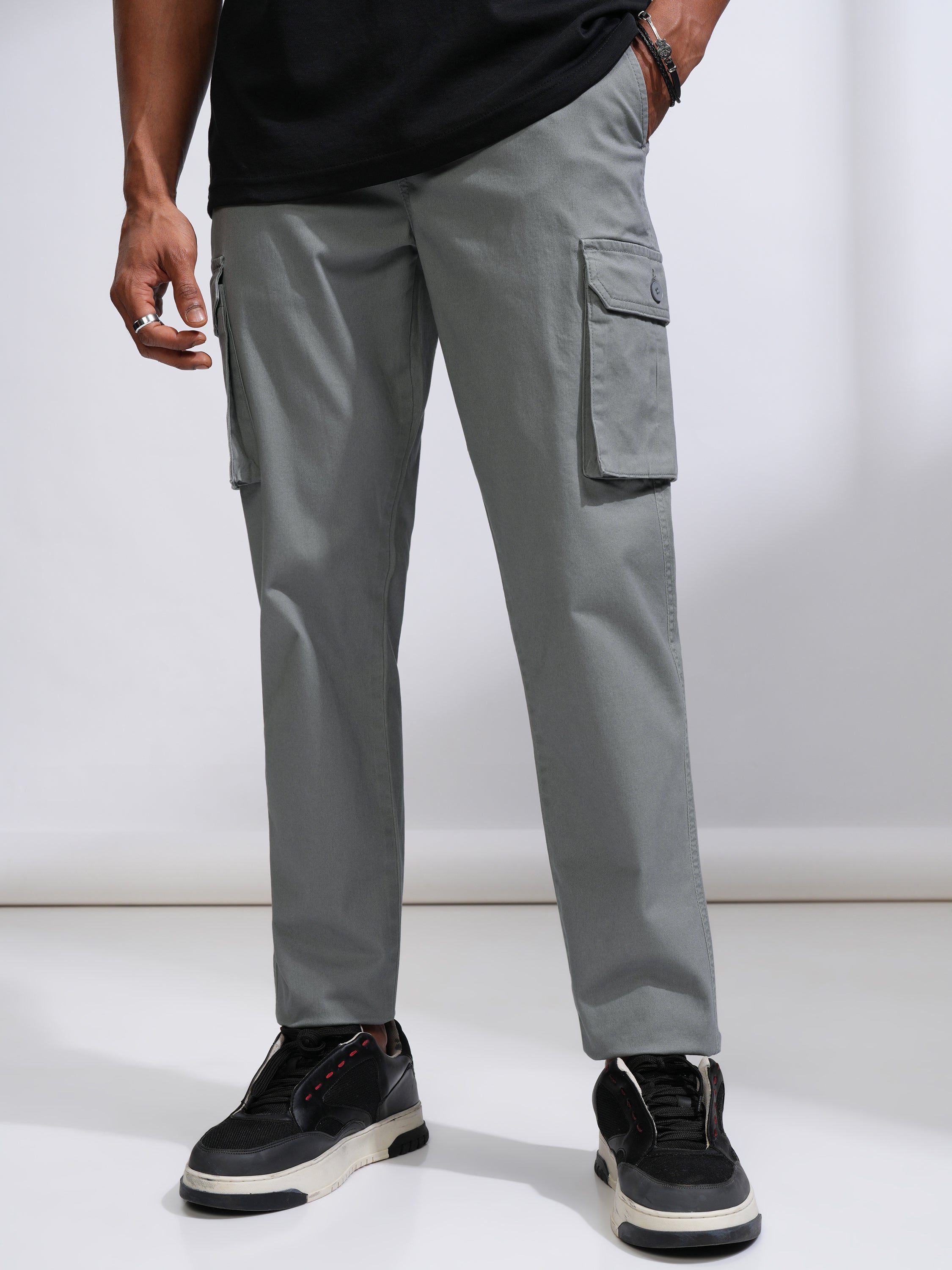 Purple By Highlander Men Grey Straight Fit Solid Cargo - Grey - Image 1