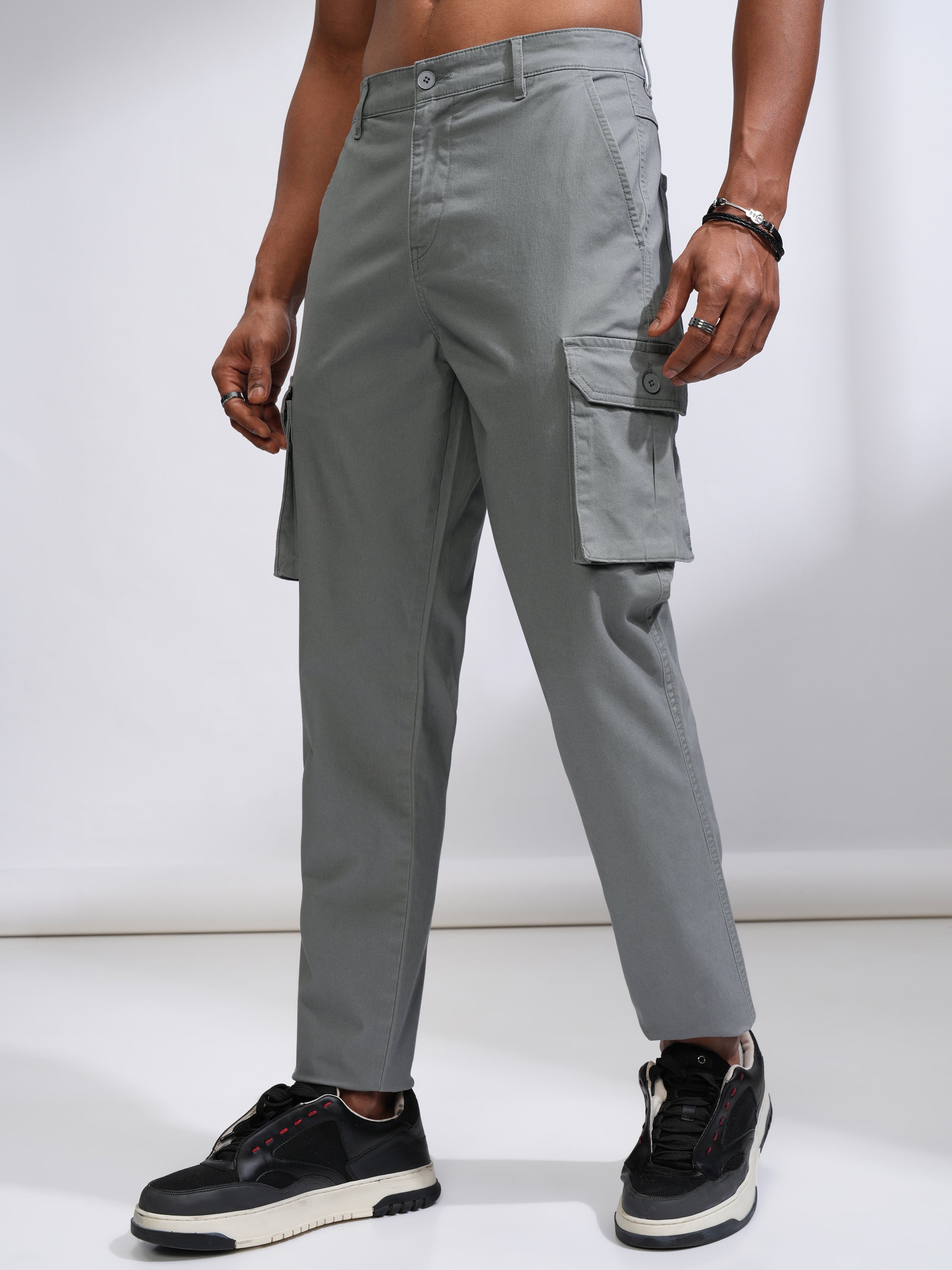 Purple By Highlander Men Grey Straight Fit Solid Cargo - Grey - Image 4