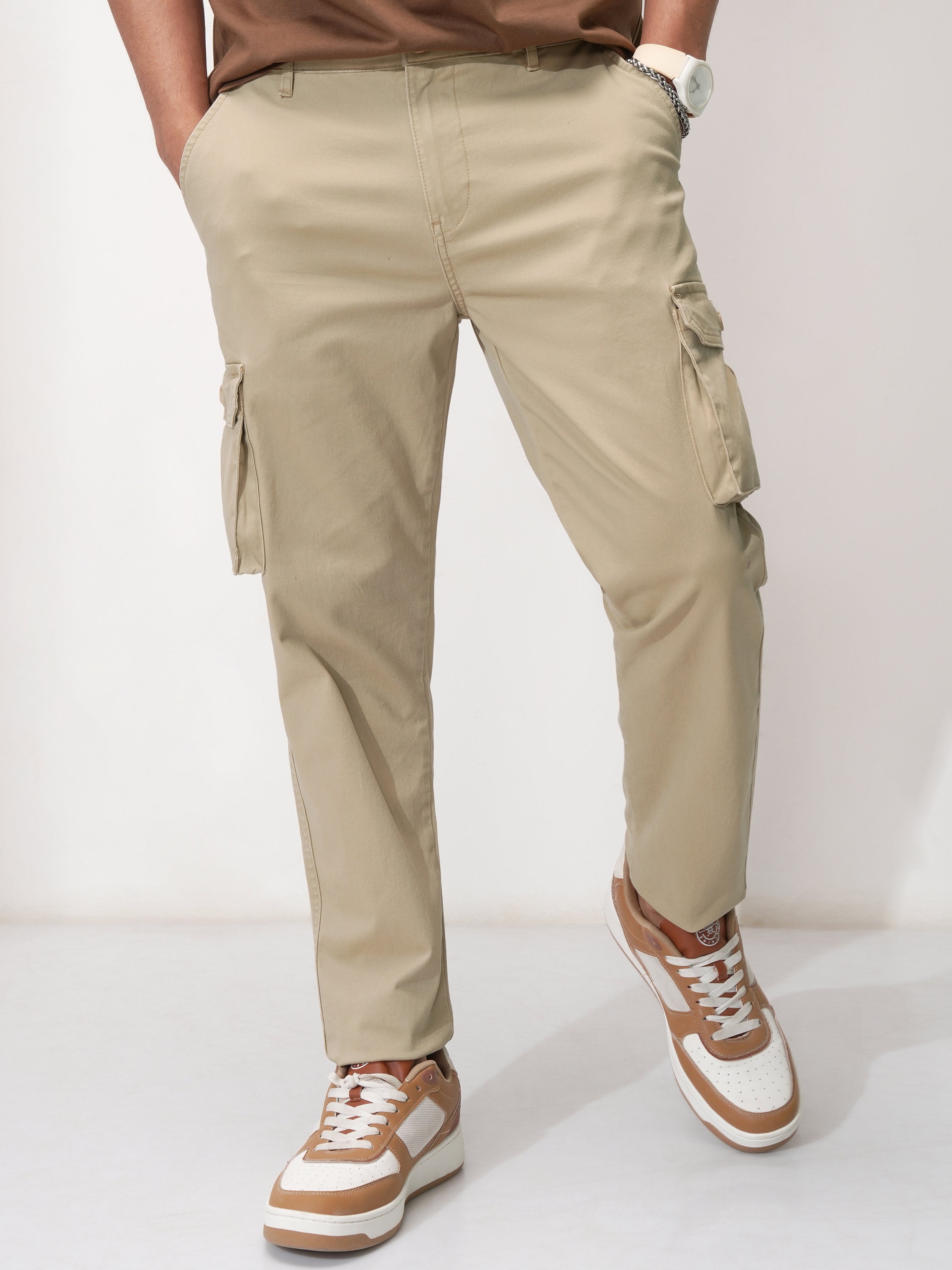 Purple By Highlander Men Khaki Tapered Fit Solid Cargo - Khaki - Image 1