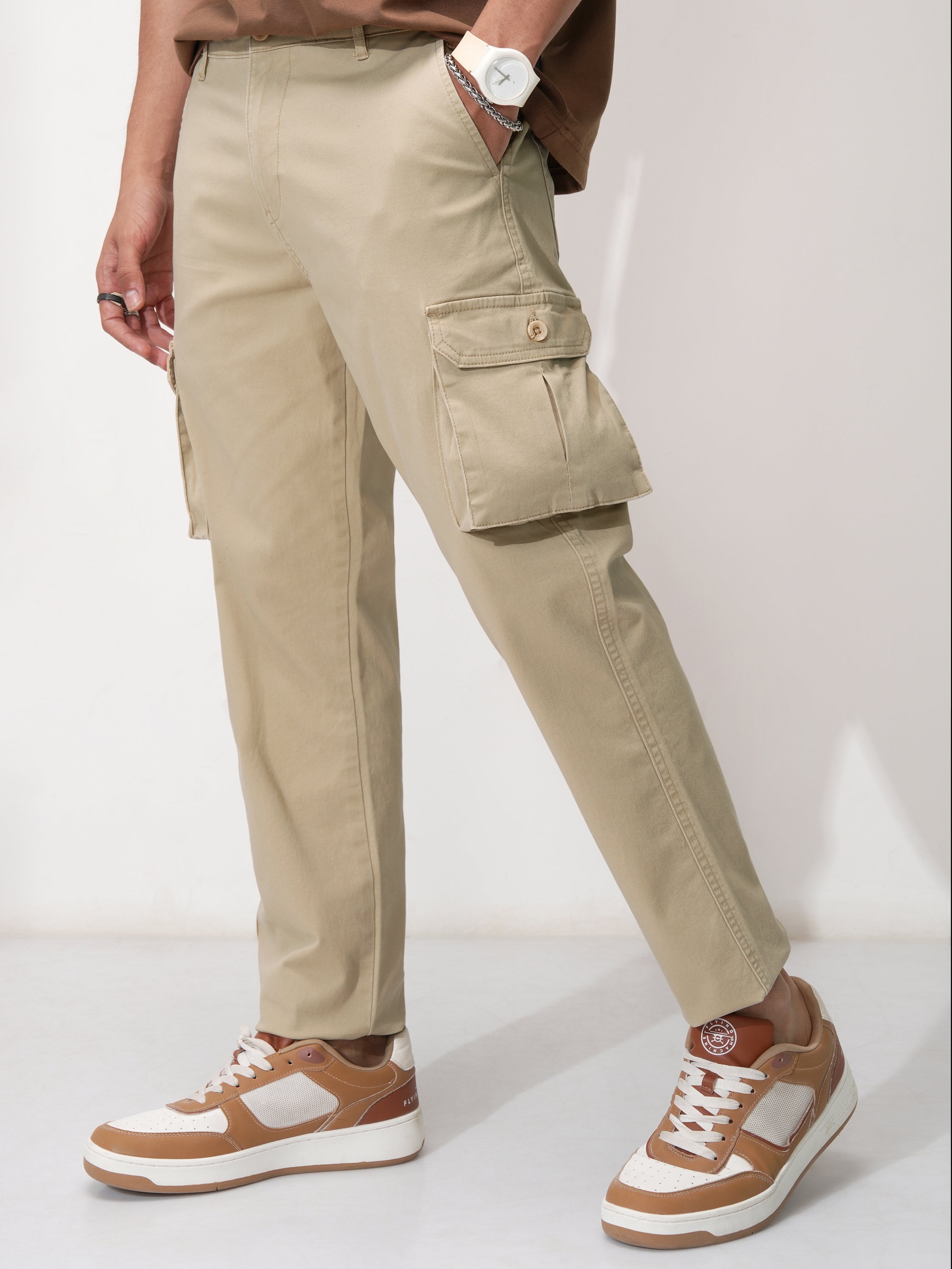 Purple By Highlander Men Khaki Tapered Fit Solid Cargo - Khaki - Image 4