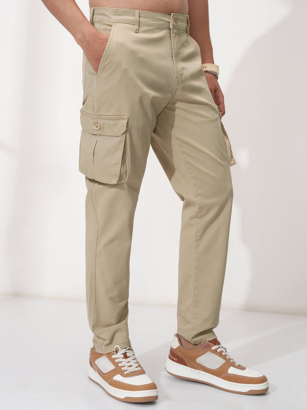 Purple By Highlander Men Khaki Tapered Fit Solid Cargo - Khaki - Image 6